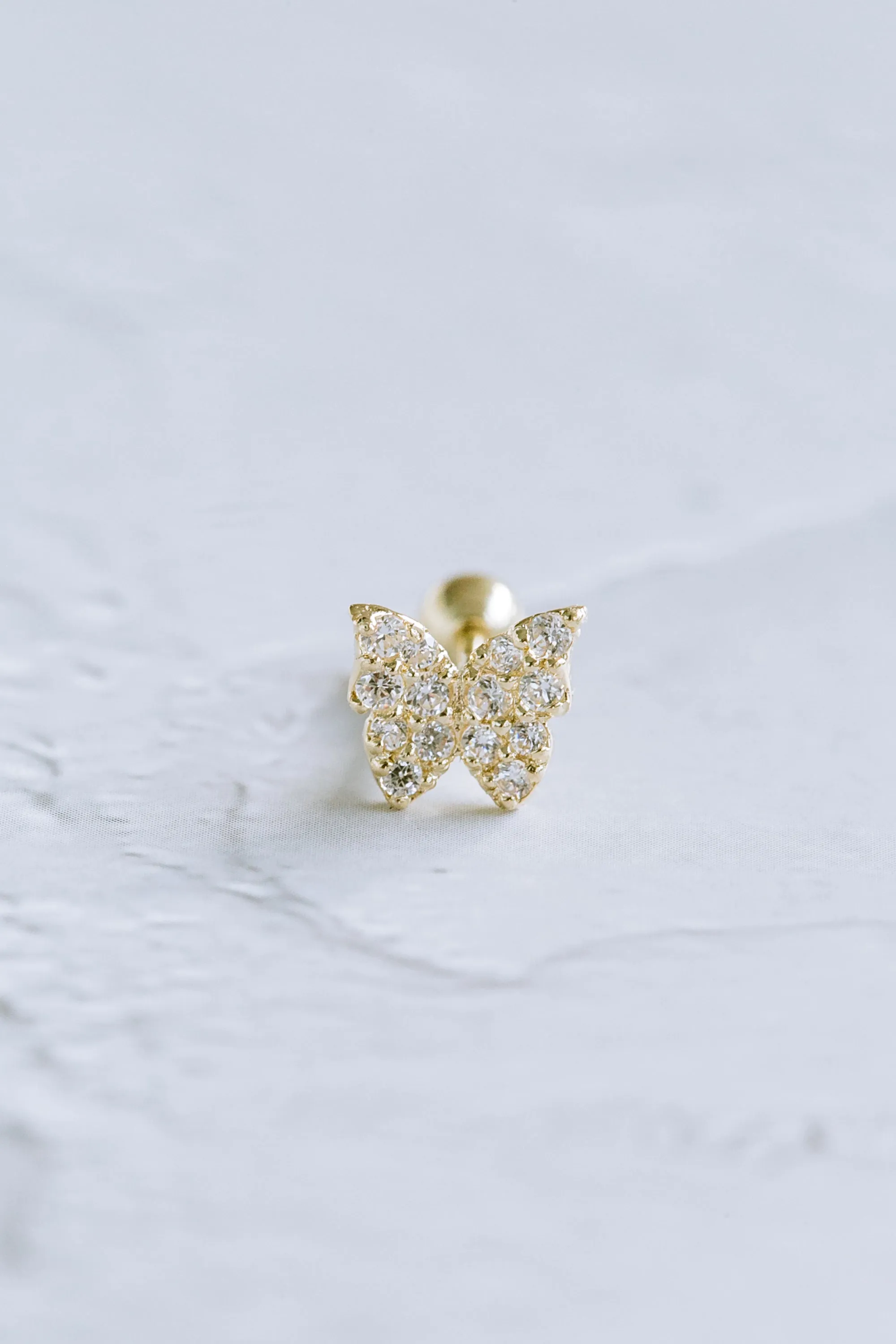 14K GOLD JEWELRY MINIMALIST DELICATE CZ BUTTERFLY BARBELL EAR STUD EARRING PIERCING