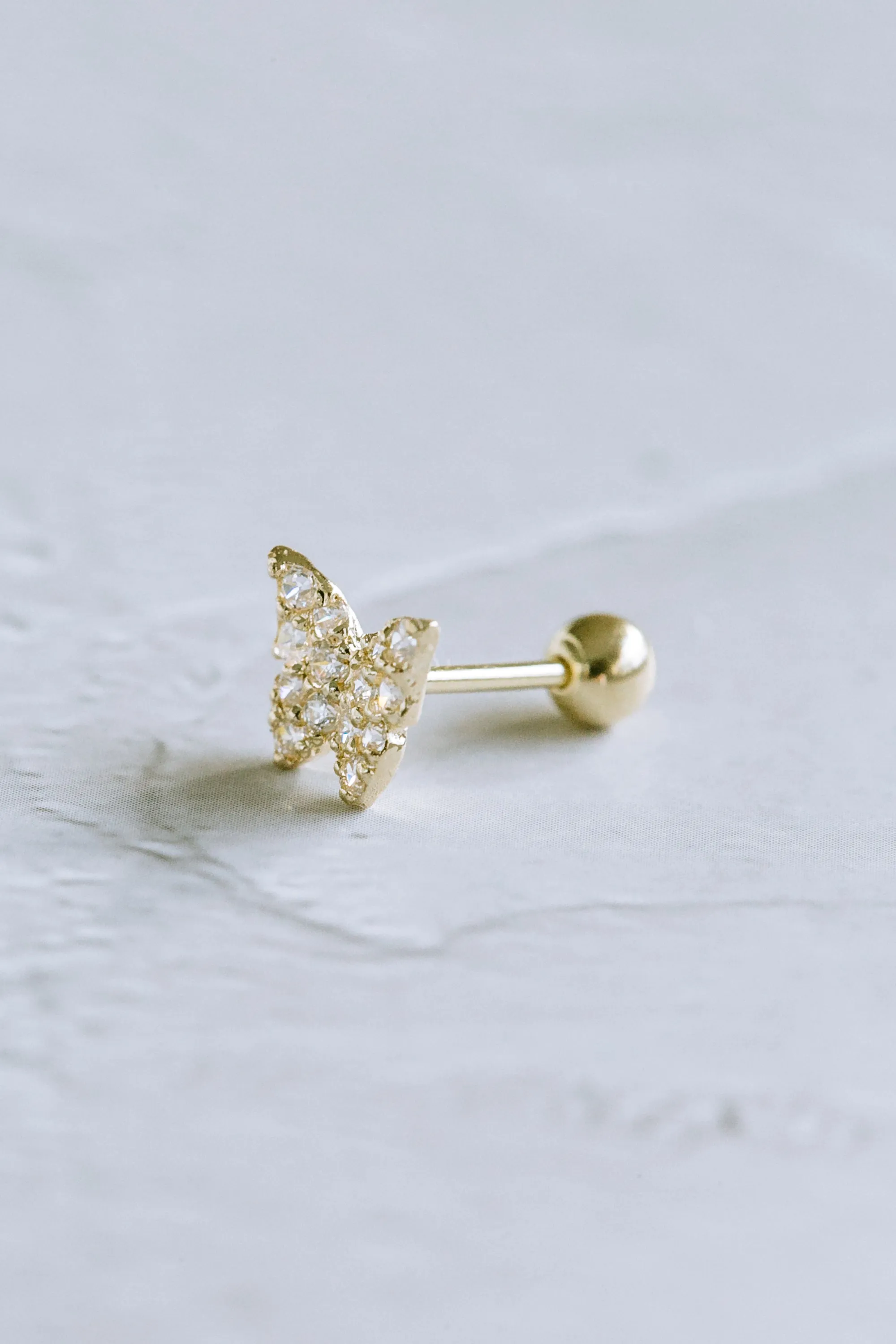 14K GOLD JEWELRY MINIMALIST DELICATE CZ BUTTERFLY BARBELL EAR STUD EARRING PIERCING