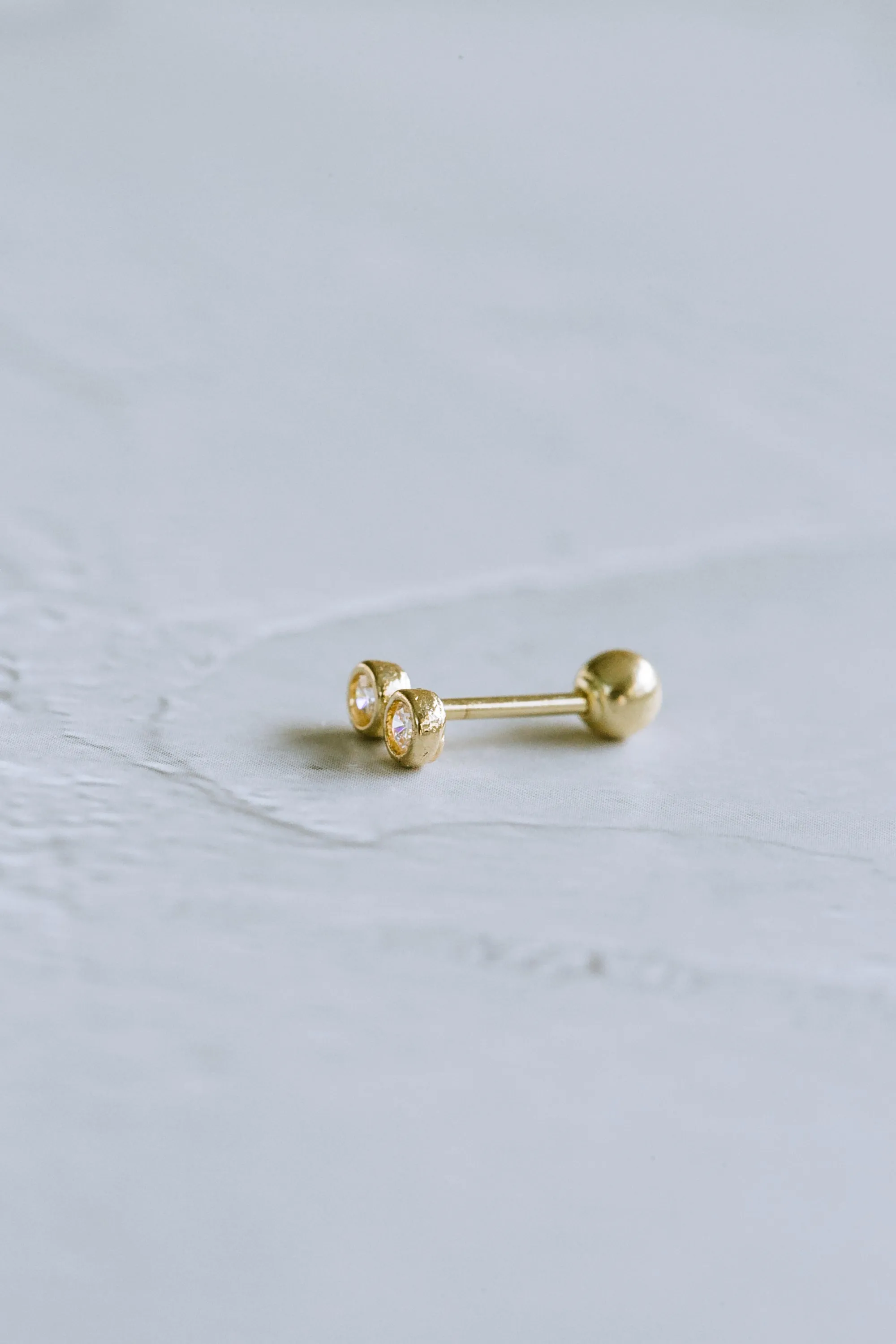 14K GOLD JEWELRY MINIMALIST DELICATE DOUBLE CZ BALL BARBELL EAR STUD EARRING PIERCING