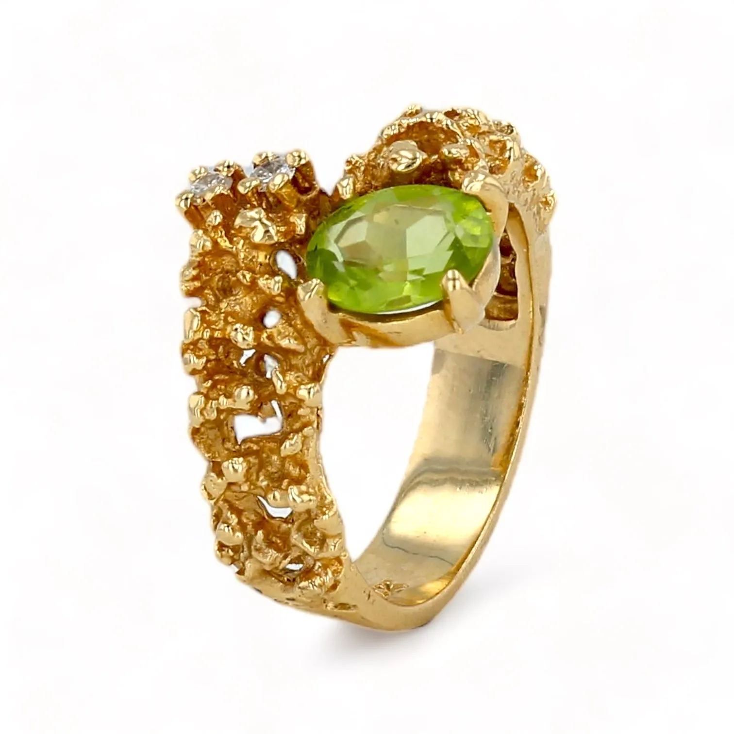 14K Yellow gold solid nugget texture lime tourmaline ring-222918