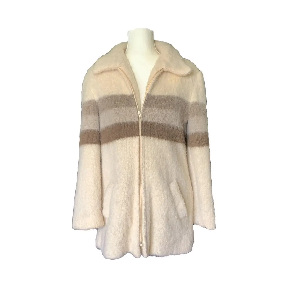 1970s Cream Wool Sweater Jacket by Eddie Bauer. Zip Up Cardigan with  Gray Stripes. Sustainable Clothing.