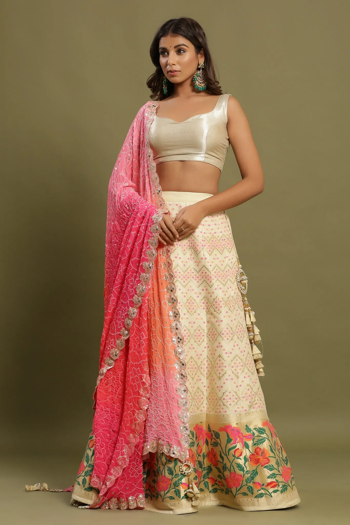 30Z219-RO White Embroidered Silk Lehenga with Dupatta