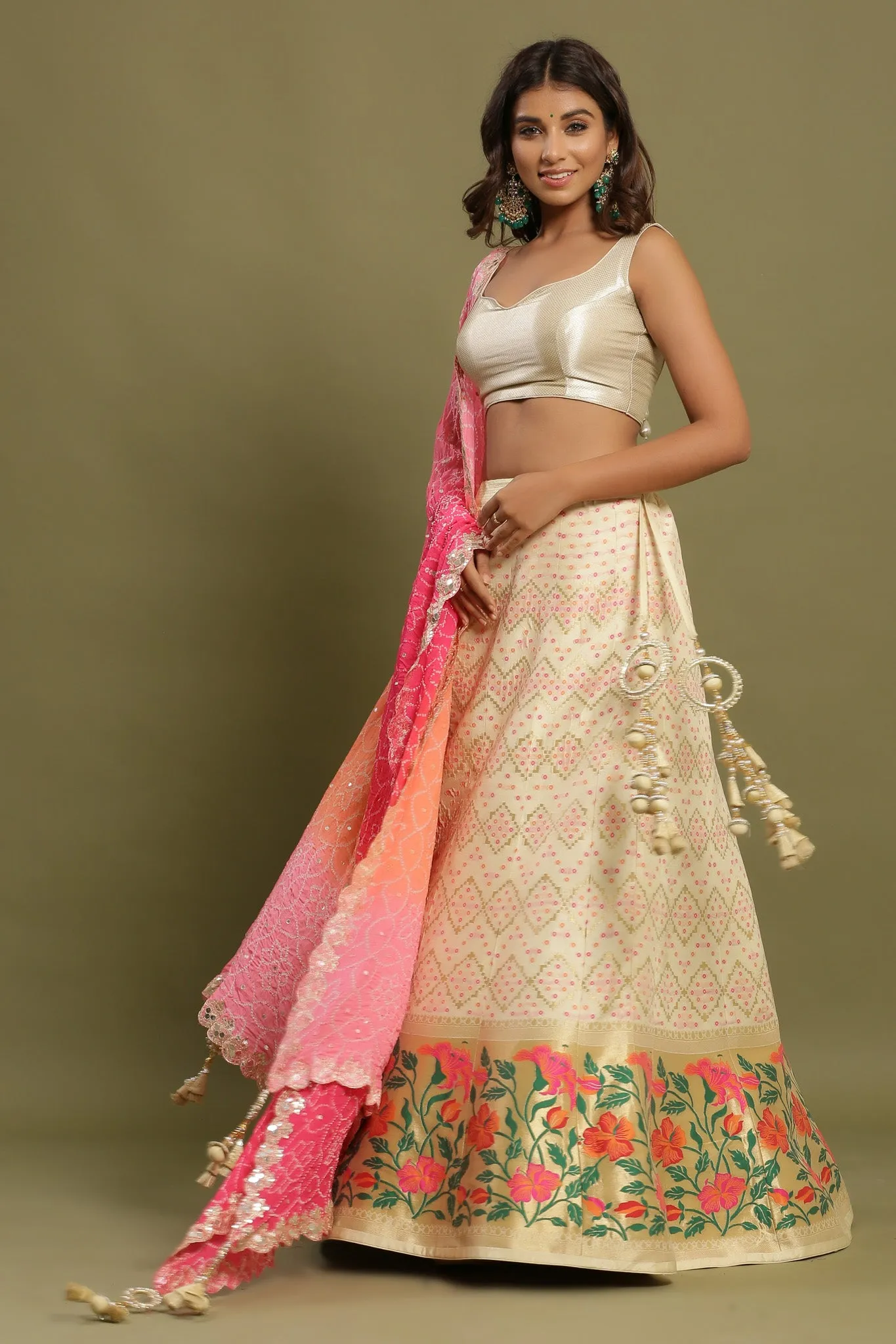 30Z219-RO White Embroidered Silk Lehenga with Dupatta