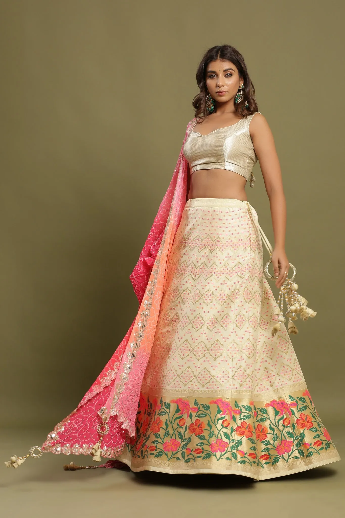 30Z219-RO White Embroidered Silk Lehenga with Dupatta