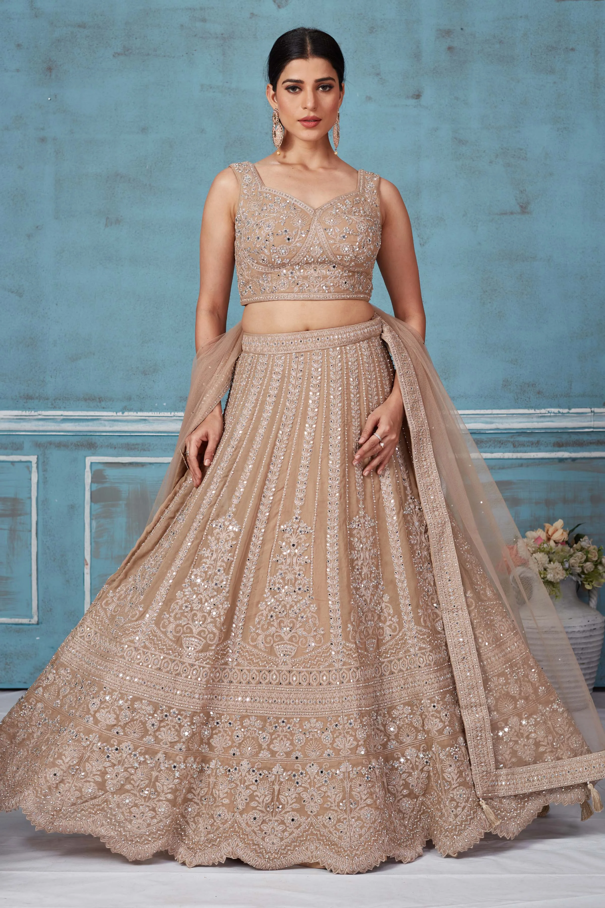 32A037 Beige Embroidered Designer Lehenga With Dupatta