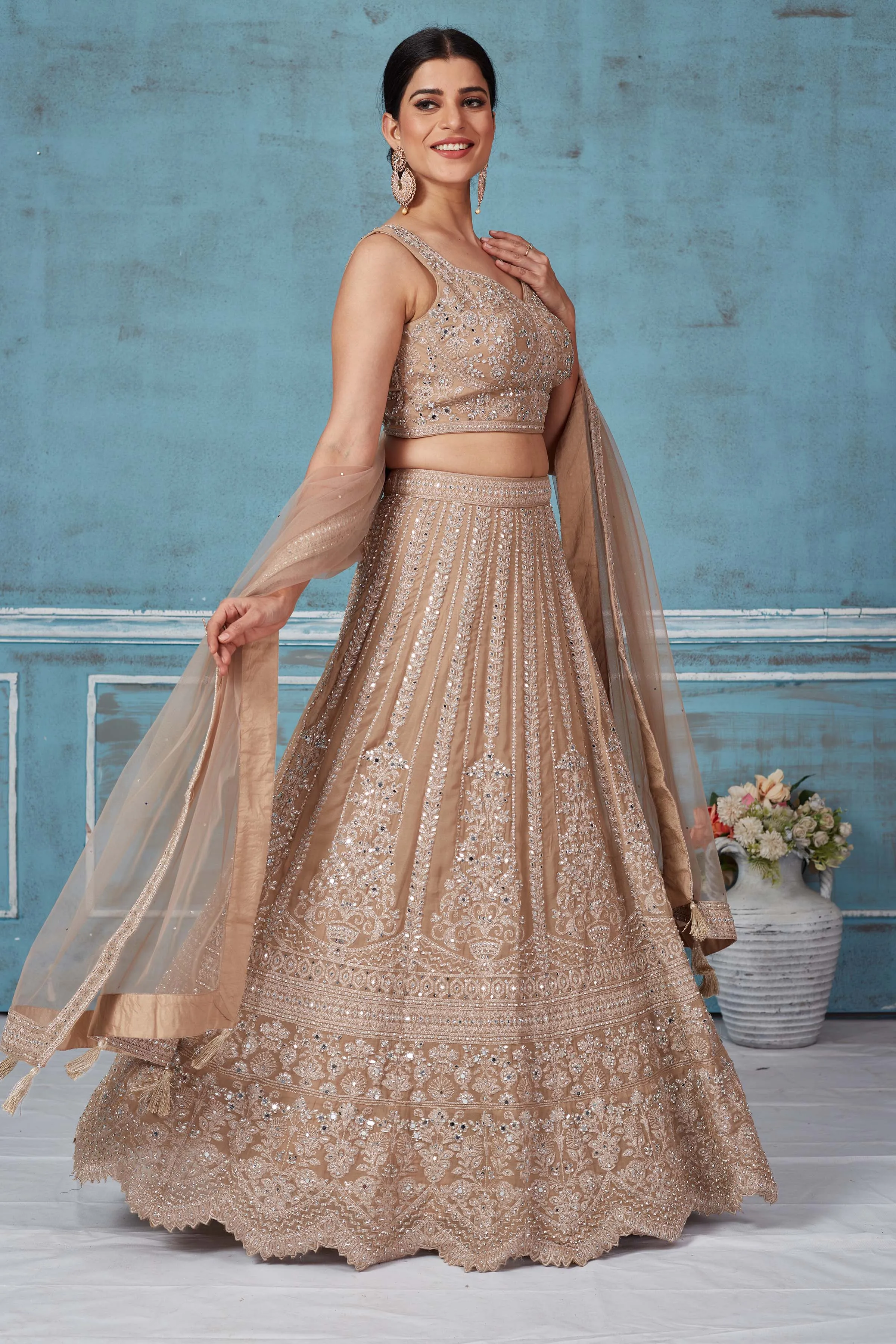 32A037 Beige Embroidered Designer Lehenga With Dupatta