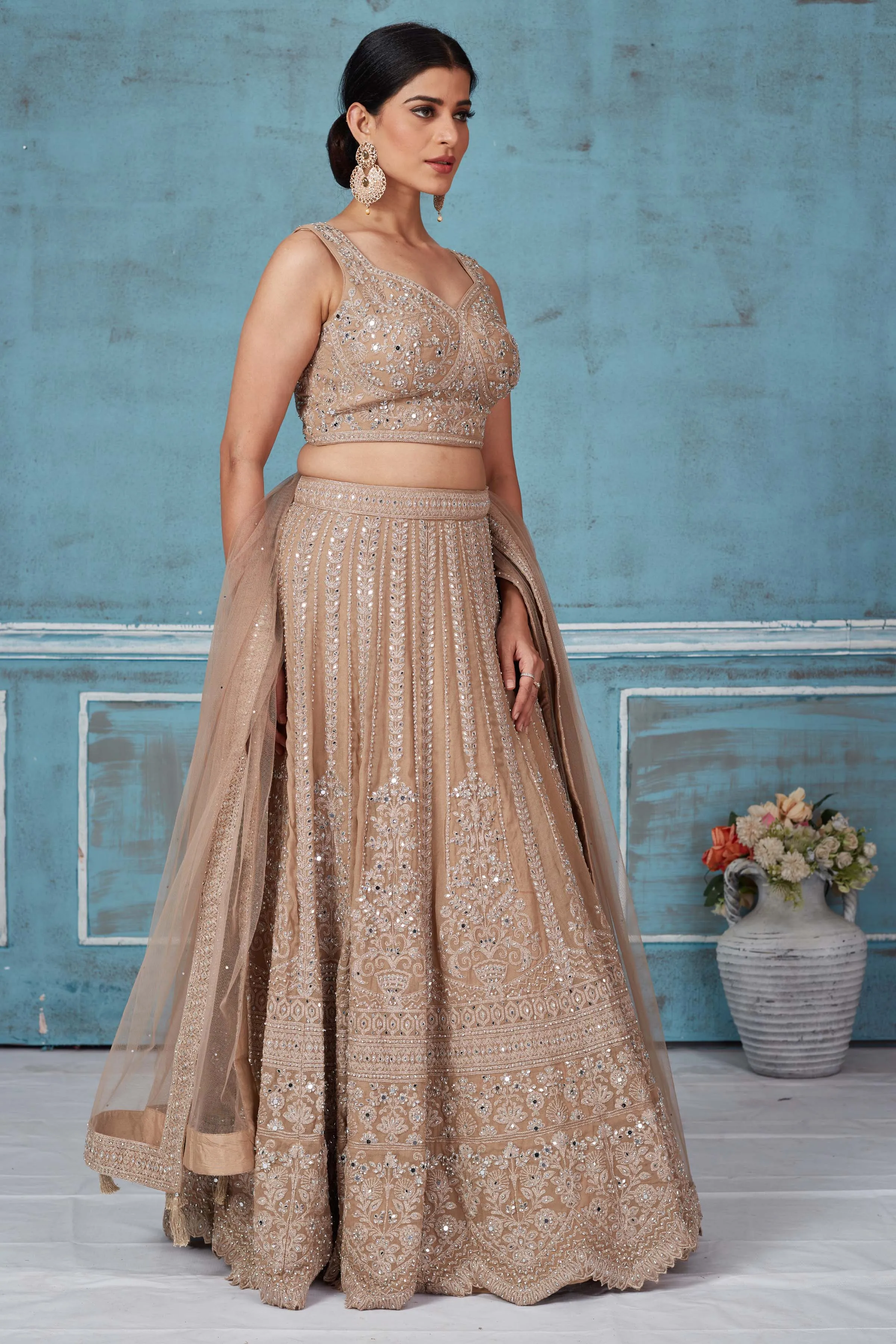 32A037 Beige Embroidered Designer Lehenga With Dupatta