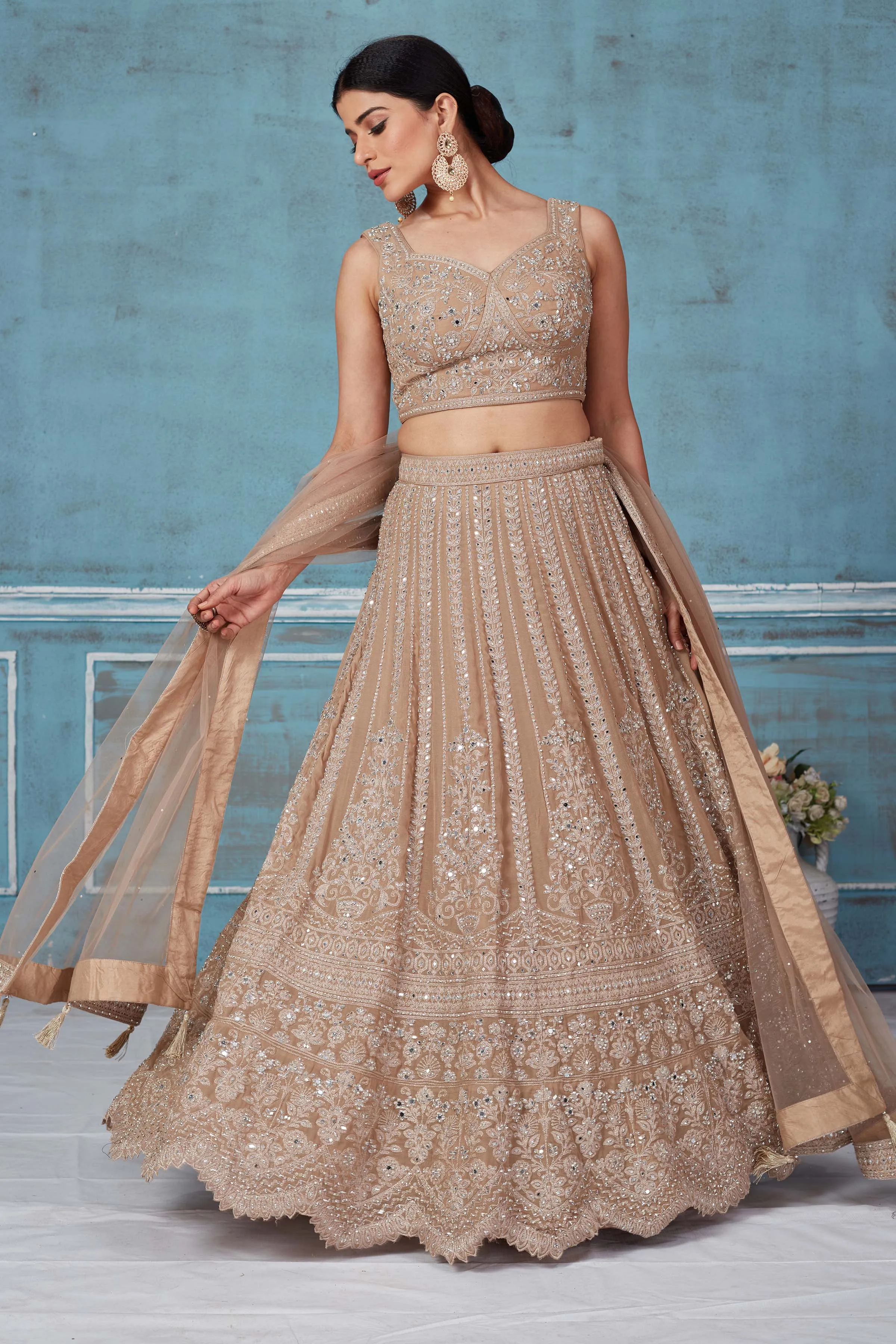 32A037 Beige Embroidered Designer Lehenga With Dupatta