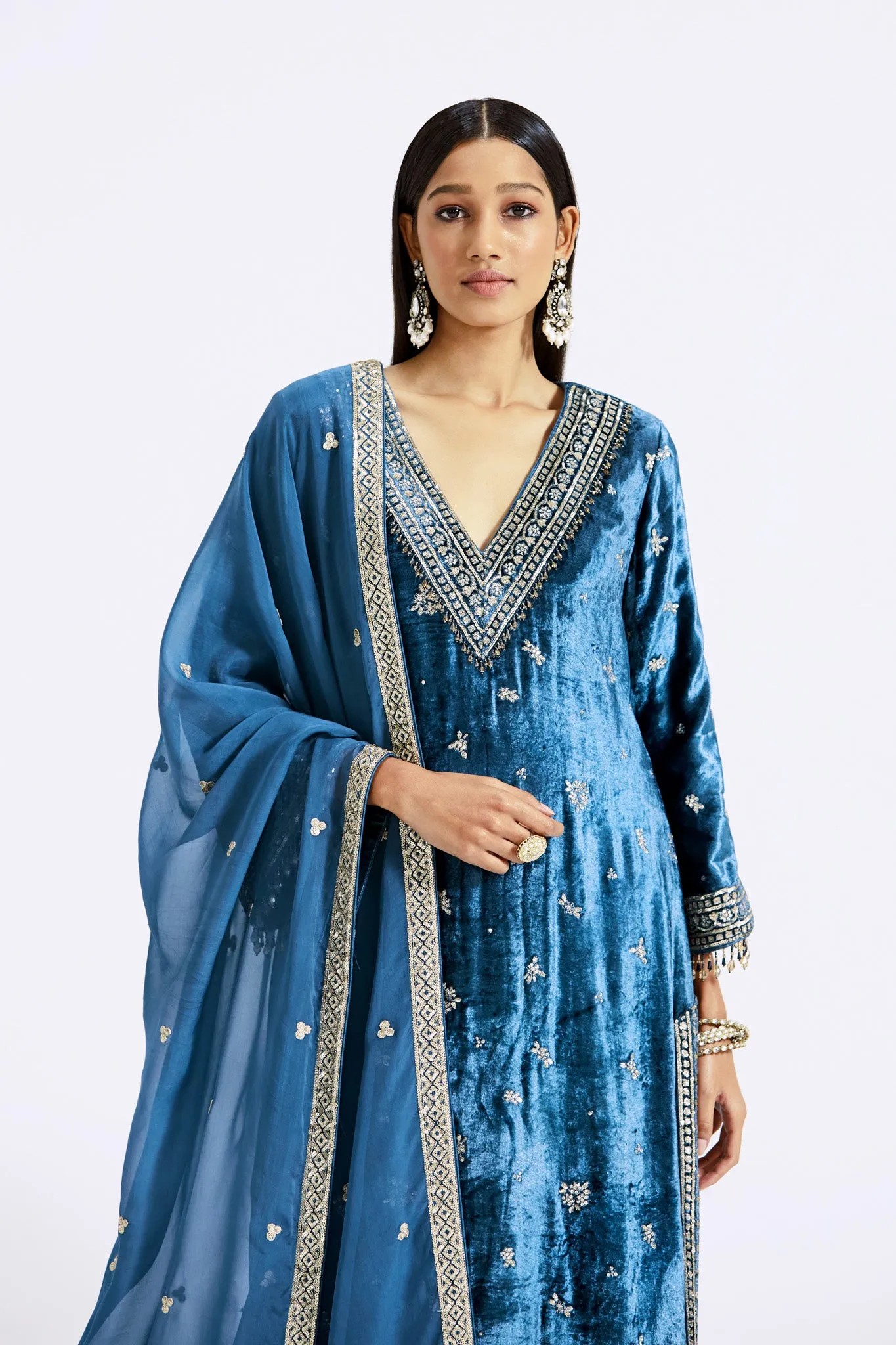 51Z003-RO Blue Velvet Embroidered Sharara Suit with Dupatta