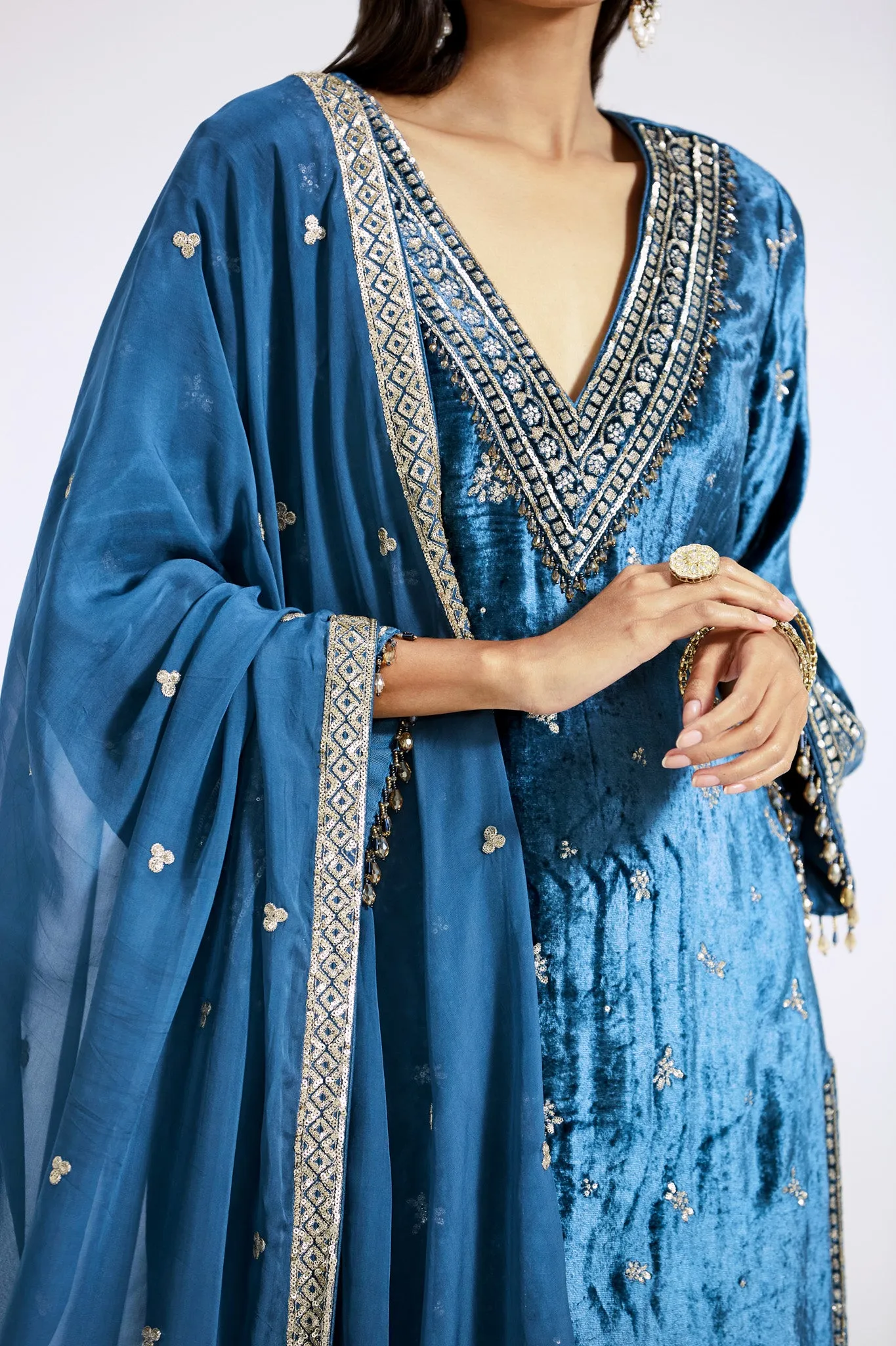 51Z003-RO Blue Velvet Embroidered Sharara Suit with Dupatta