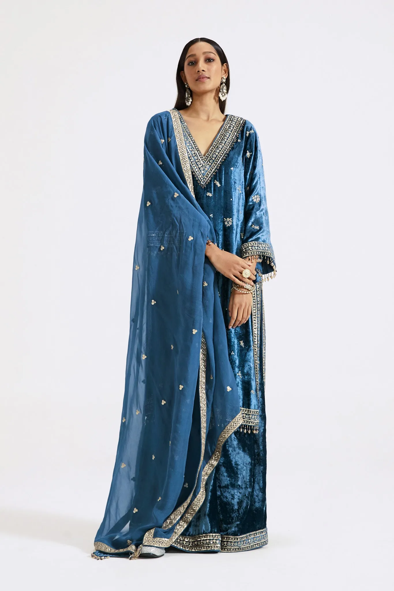 51Z003-RO Blue Velvet Embroidered Sharara Suit with Dupatta