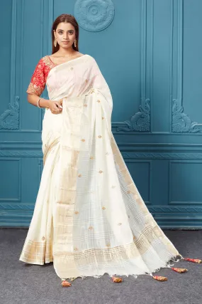 91A090 Off White Linen Banarasi Sari with Red Embroidered Blouse