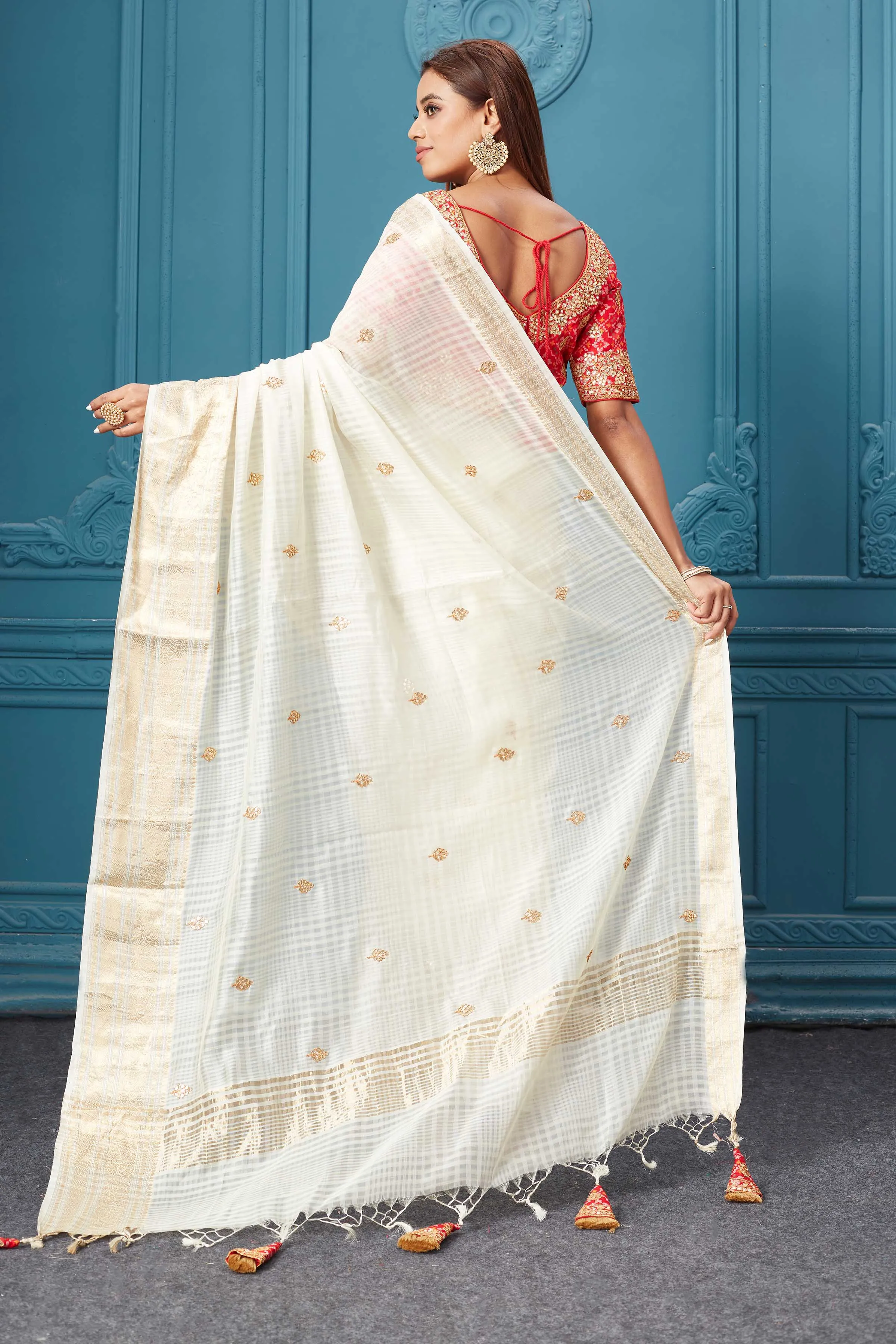 91A090 Off White Linen Banarasi Sari with Red Embroidered Blouse