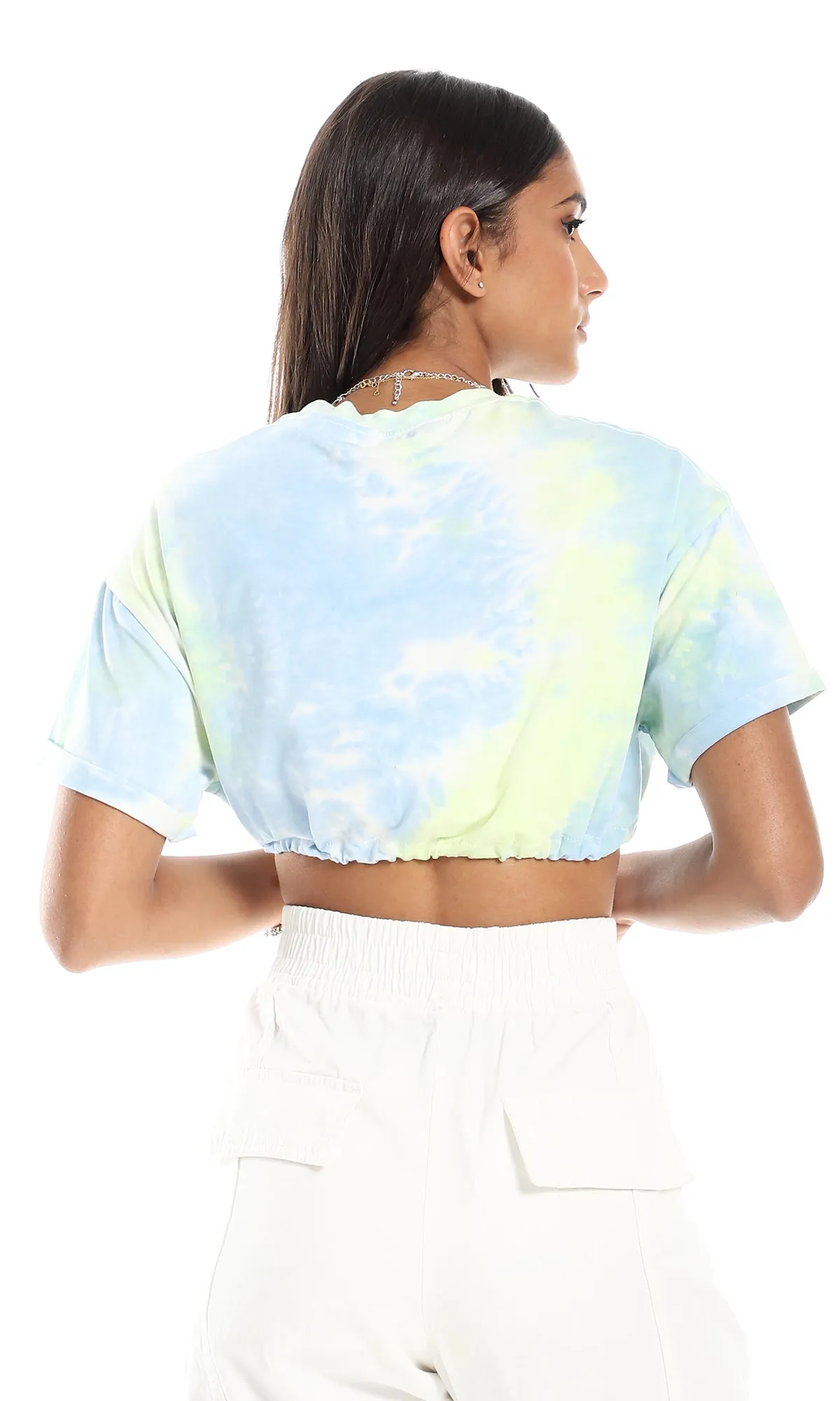 97253 Tri-Toned Tie Dye Cropped Tee - Pale Apple Green, Blue & White