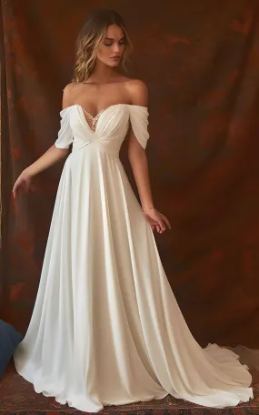 A-Line Chiffon Sleeveless Wedding Dress with Ruching 2023 Off-the-shoulder Country Garden Sweep Train Elegant Simple-MW_760046