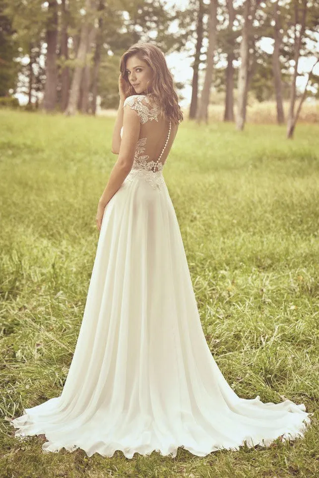 Appliqued Cap Sleeve Illusion Plunging Neckline And Illusion Back Lace Chiffon Wedding Dress-715893