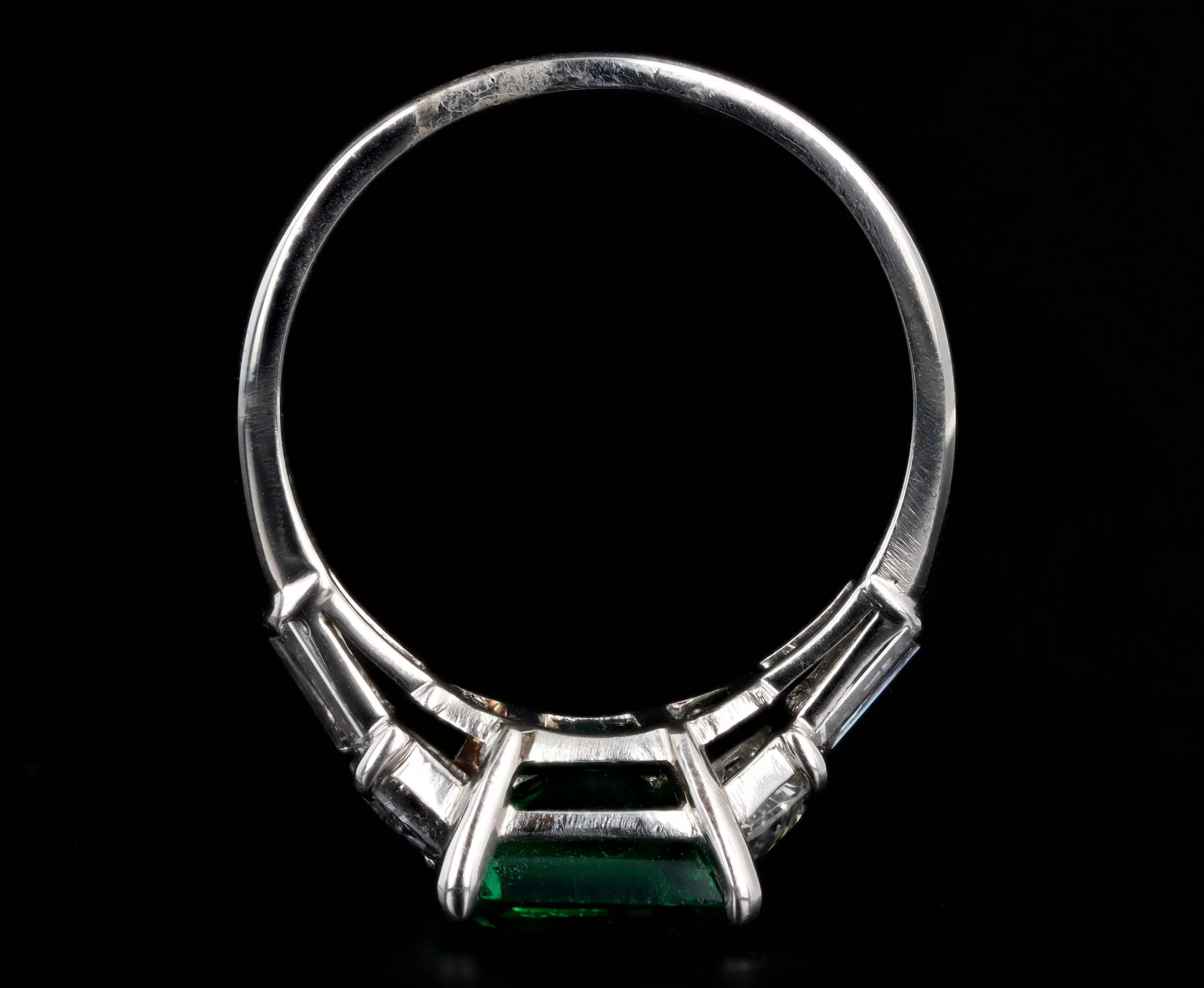 Art Deco 2.85 Carat Natural Colombian Emerald & Half Moon Diamond Ring in Platinum