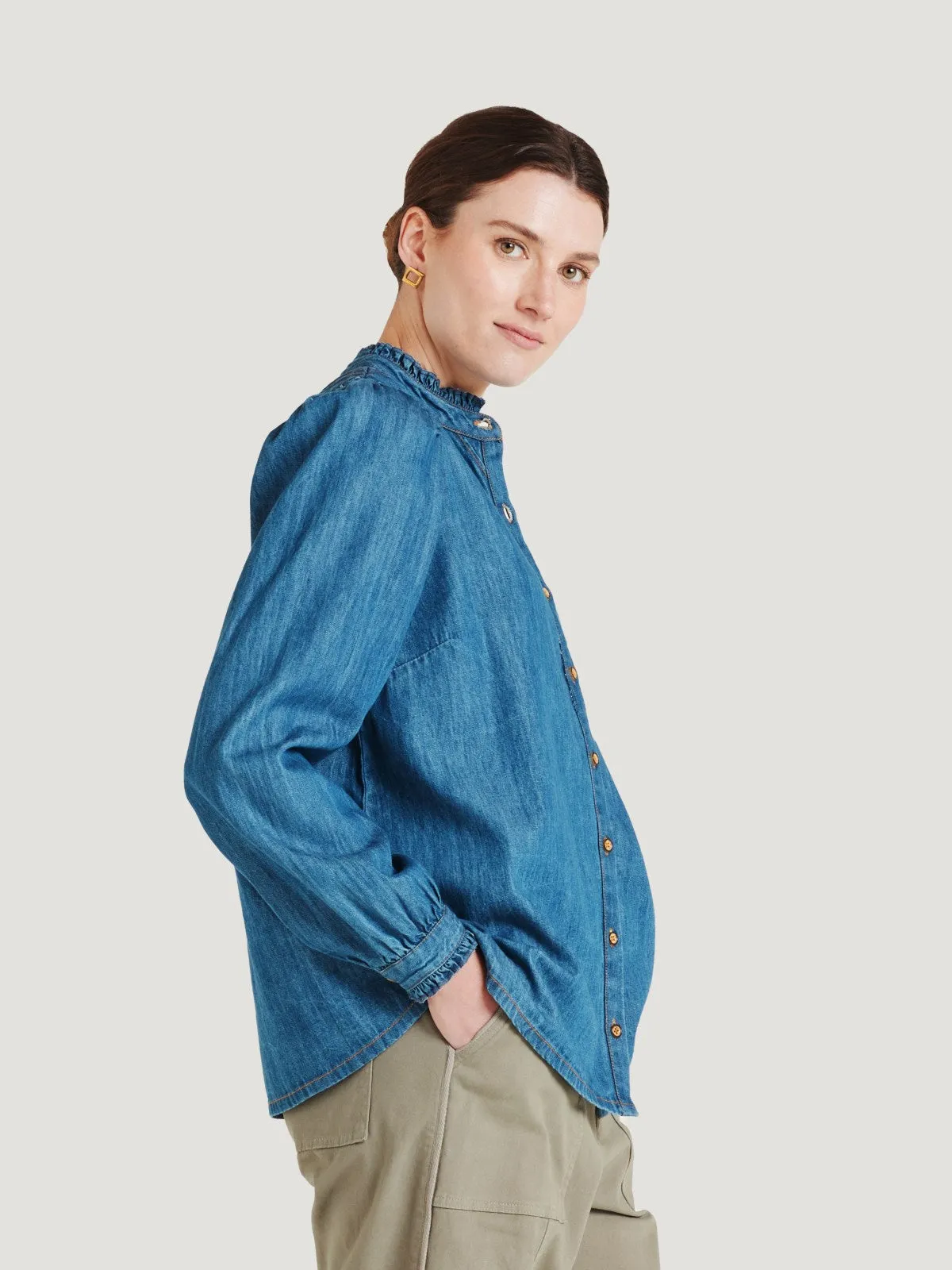 Asterope Organic Cotton Chambray Frill Blouse - Indigo Blue