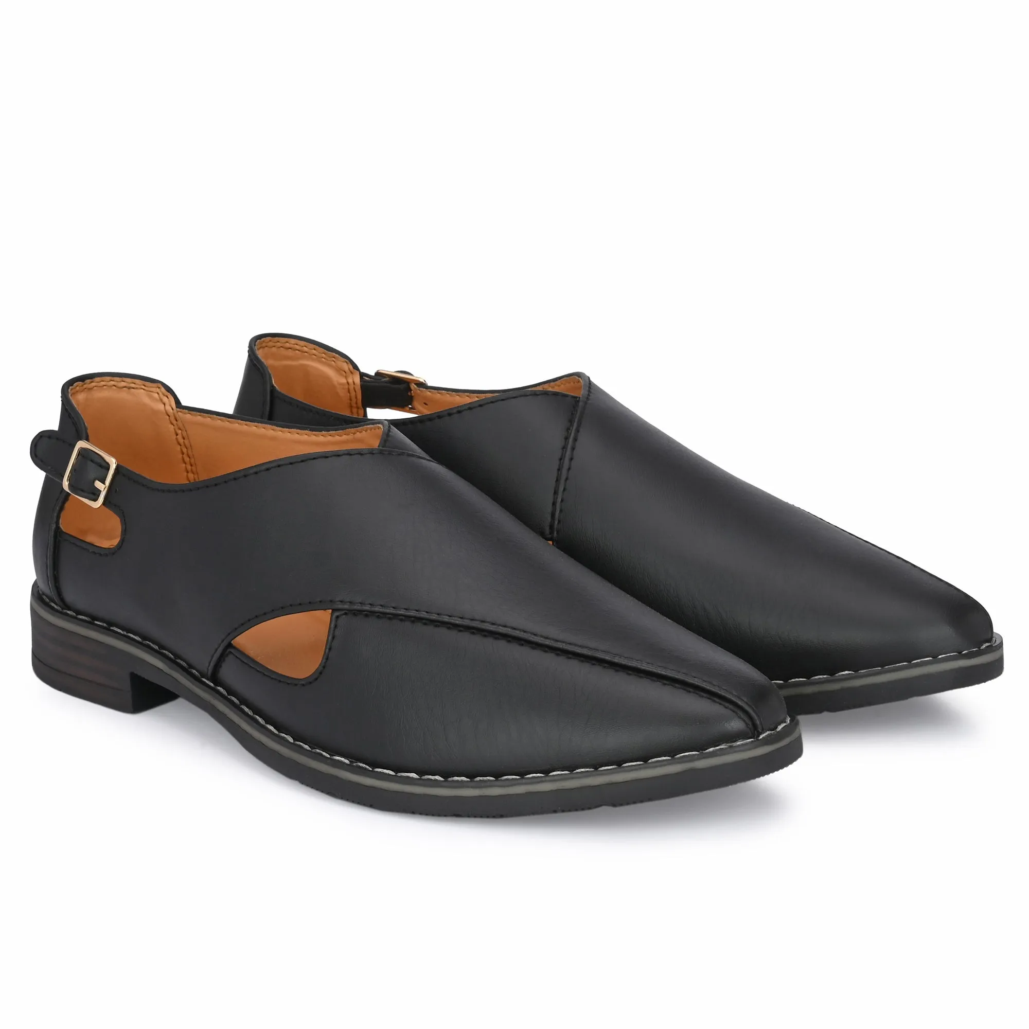 Attitudist Unisex Handcrafted Criss Cross Matte Black Formal Loafer Peshawari Shoes With A Buckle