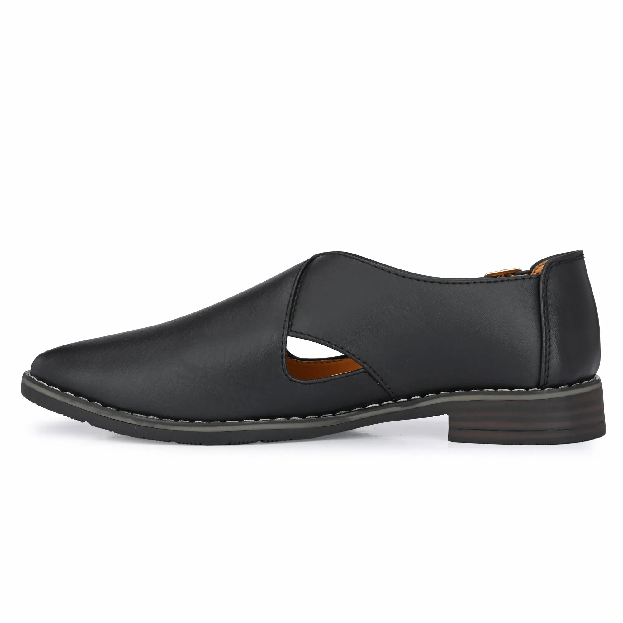 Attitudist Unisex Handcrafted Criss Cross Matte Black Formal Loafer Peshawari Shoes With A Buckle