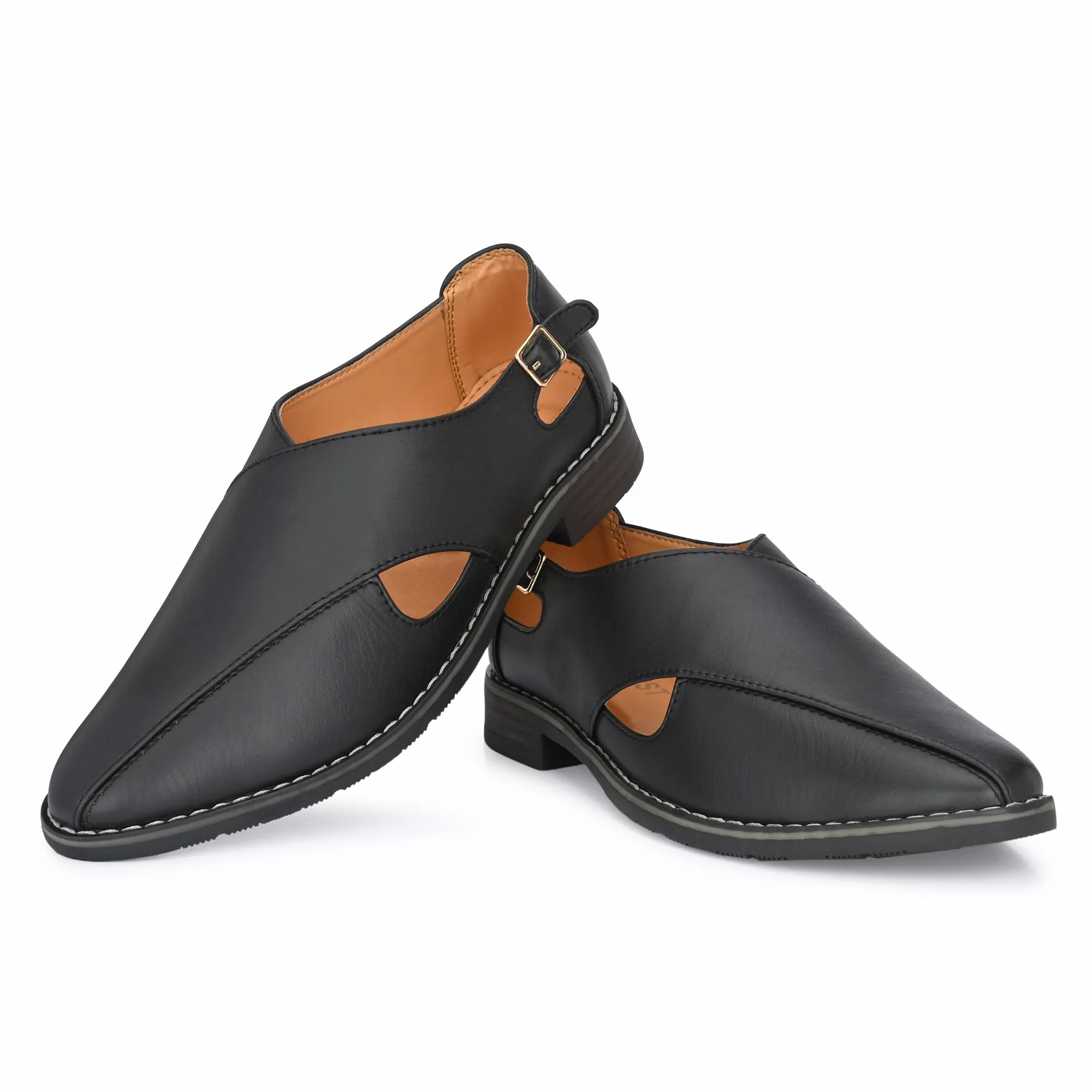 Attitudist Unisex Handcrafted Criss Cross Matte Black Formal Loafer Peshawari Shoes With A Buckle