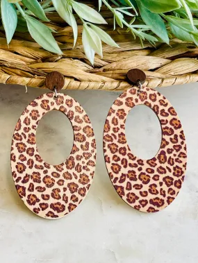 Avery Leopard Wooden Oval Earrings