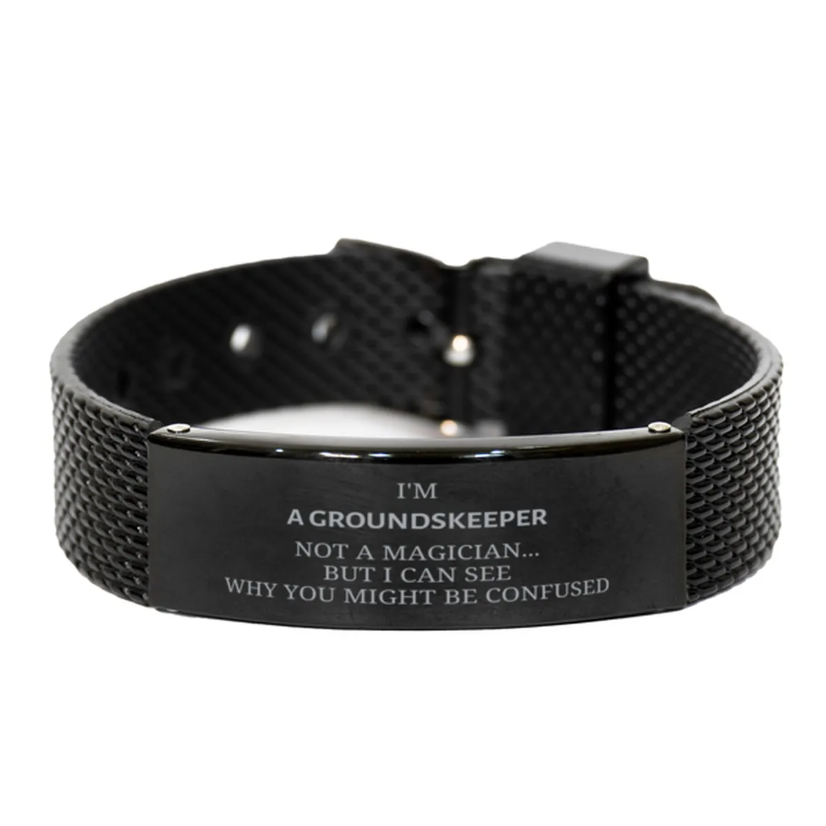 Badass Groundskeeper Gifts, I'm Groundskeeper not a magician, Sarcastic Black Shark Mesh Bracelet for Groundskeeper Birthday Christmas for  Men, Women, Friends, Coworkers