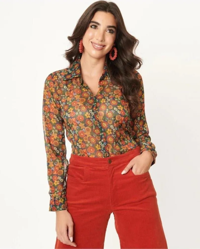 Barbie x Unique Vintage Multicolor Floral Print Gaucho Gear Blouse