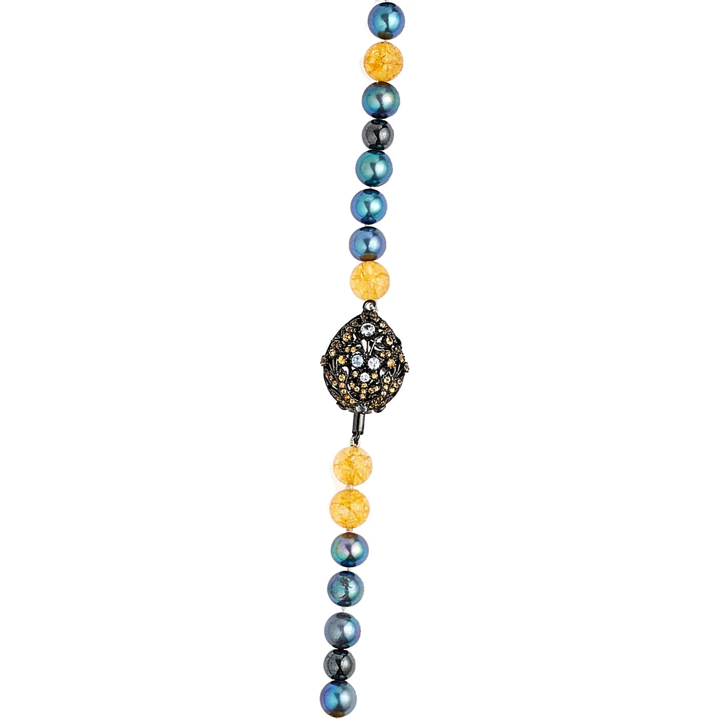 Beaded Necklace with Sterling Silver, Orange Sapphires, White Zircon, Hematite Beads, Black Pearls & Citrine Beads