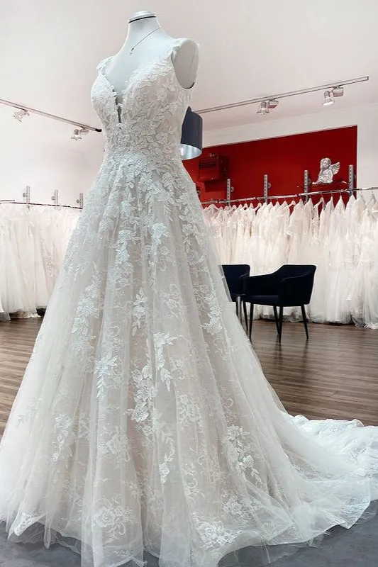 Beautiful Long A-line Tulle Lace V Neck Open Back Wedding Dresses