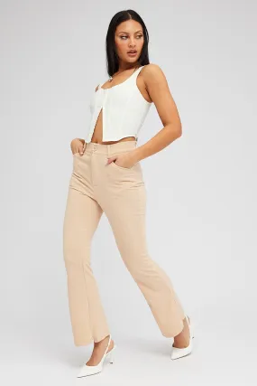 Beige Flare Leg Pants High Rise