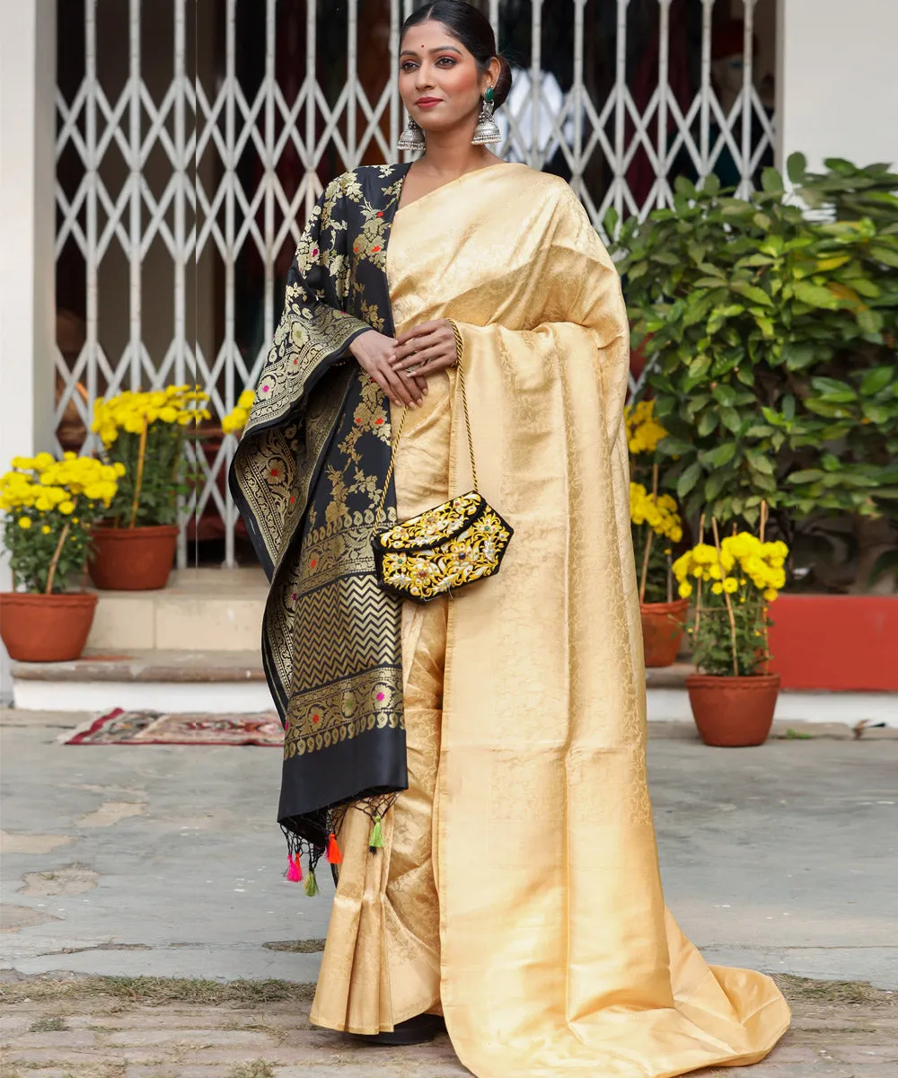 Beige silk banarasi handwoven saree