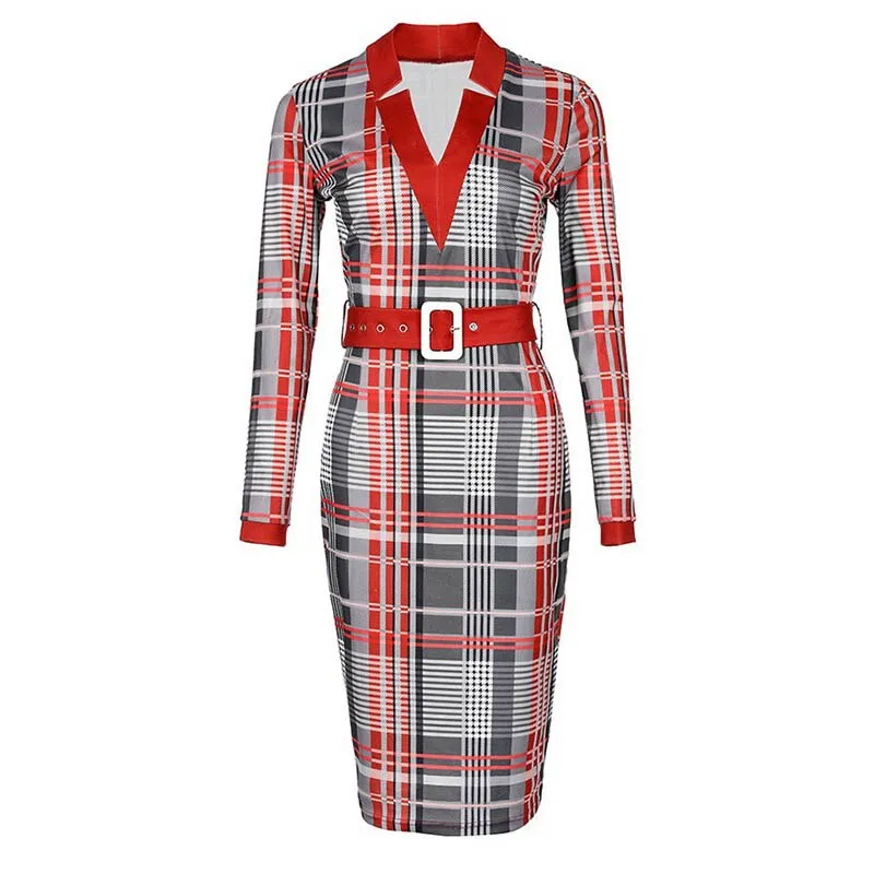 BerriesJam - 2024 Plaid Print Long-sleeved V Neck Slim Party Dress