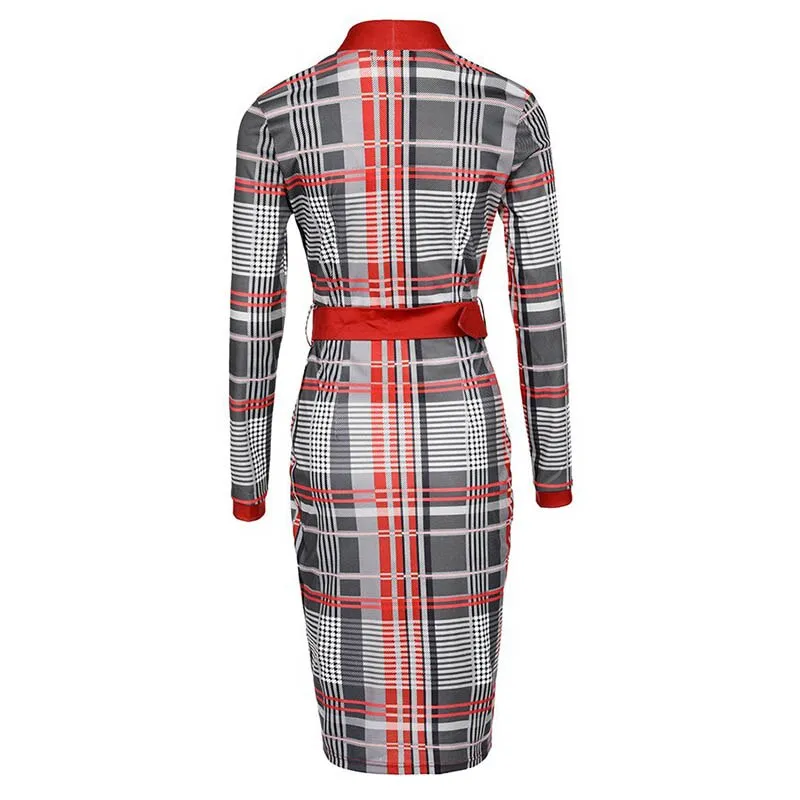 BerriesJam - 2024 Plaid Print Long-sleeved V Neck Slim Party Dress