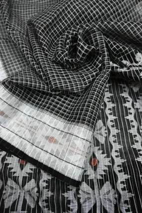 Black Color Allover Checks with Jamdani Work Border