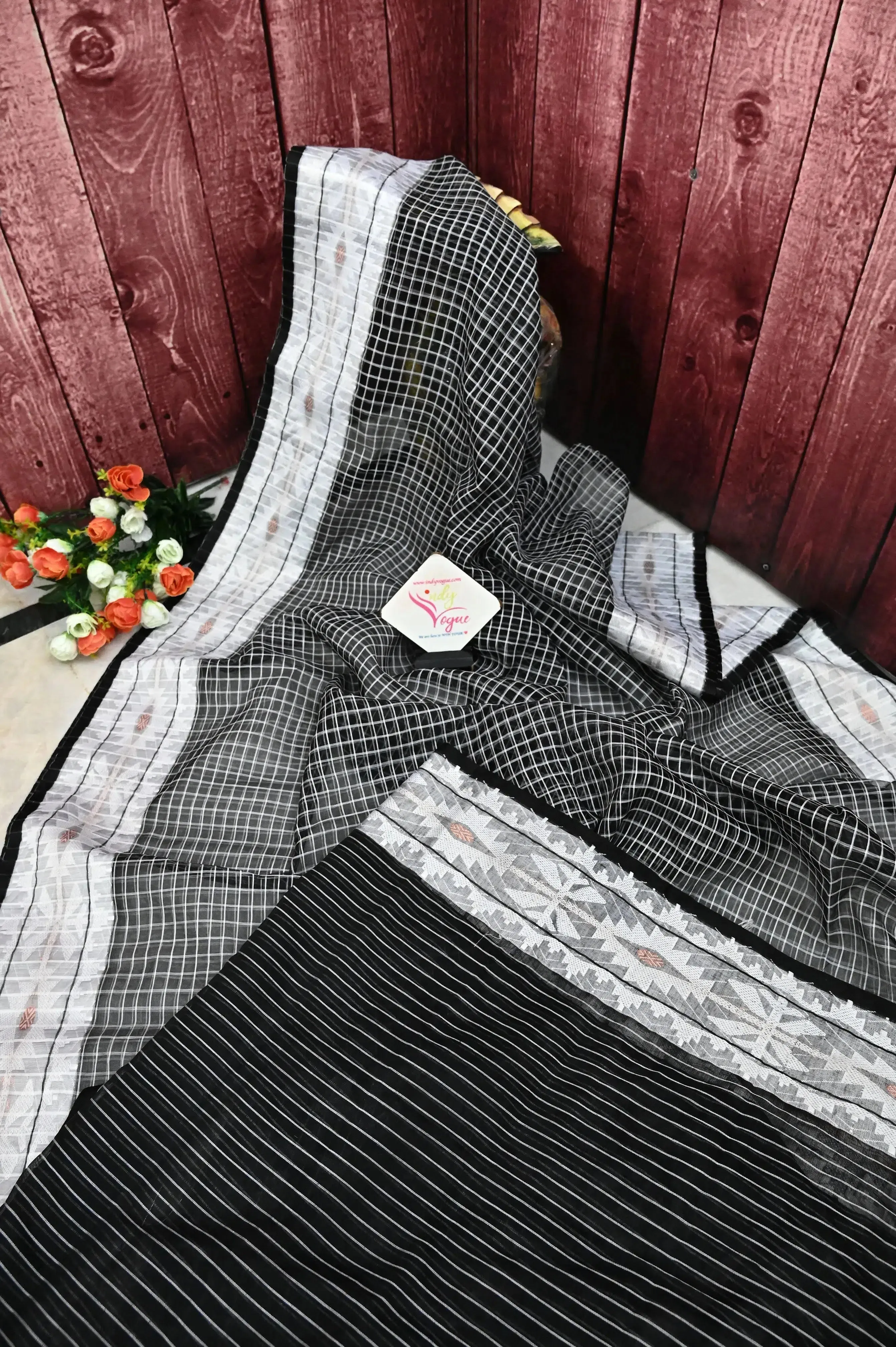 Black Color Allover Checks with Jamdani Work Border