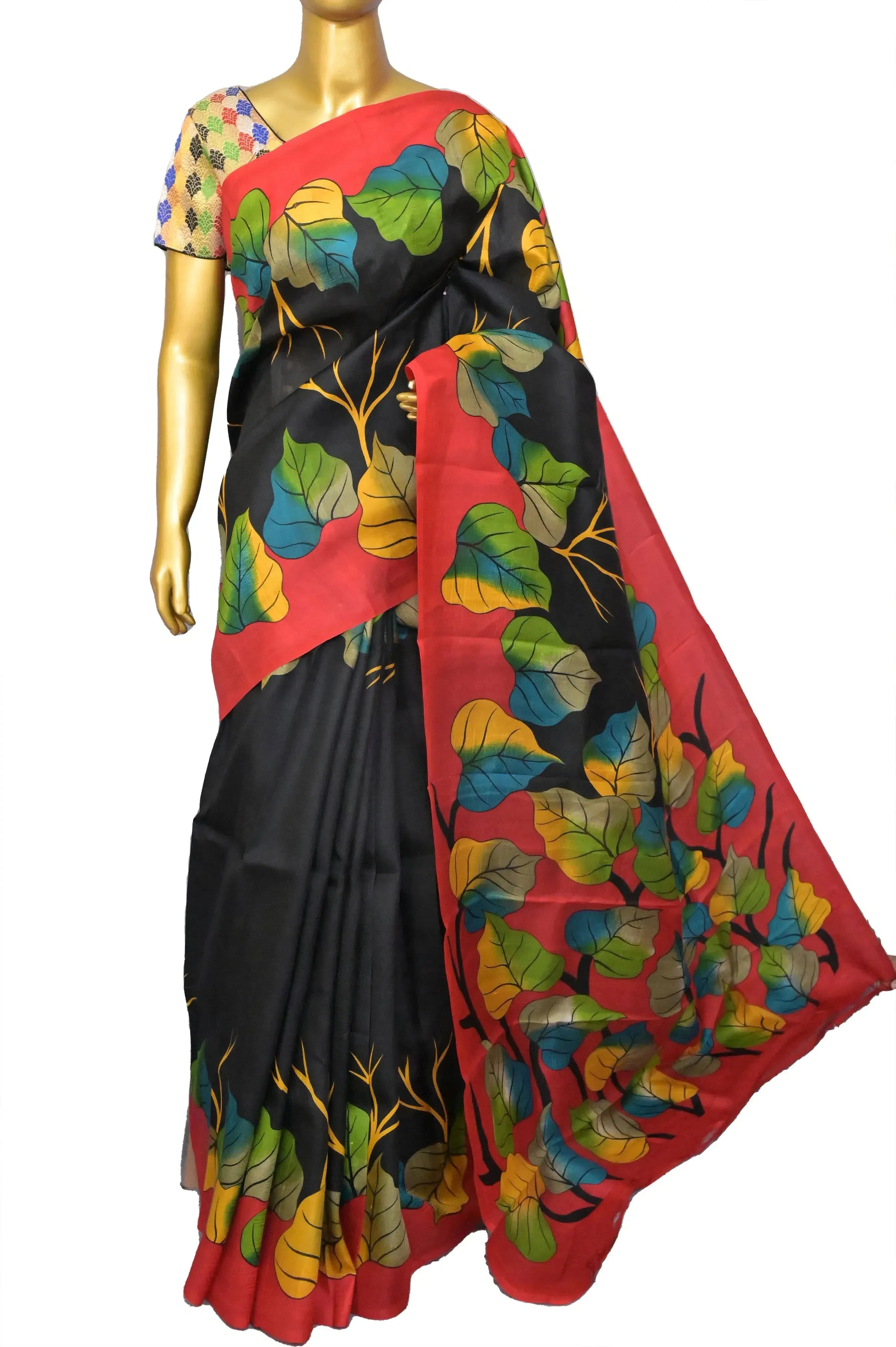 Black Color Pure Bishnupur Silk Saree with Block Print