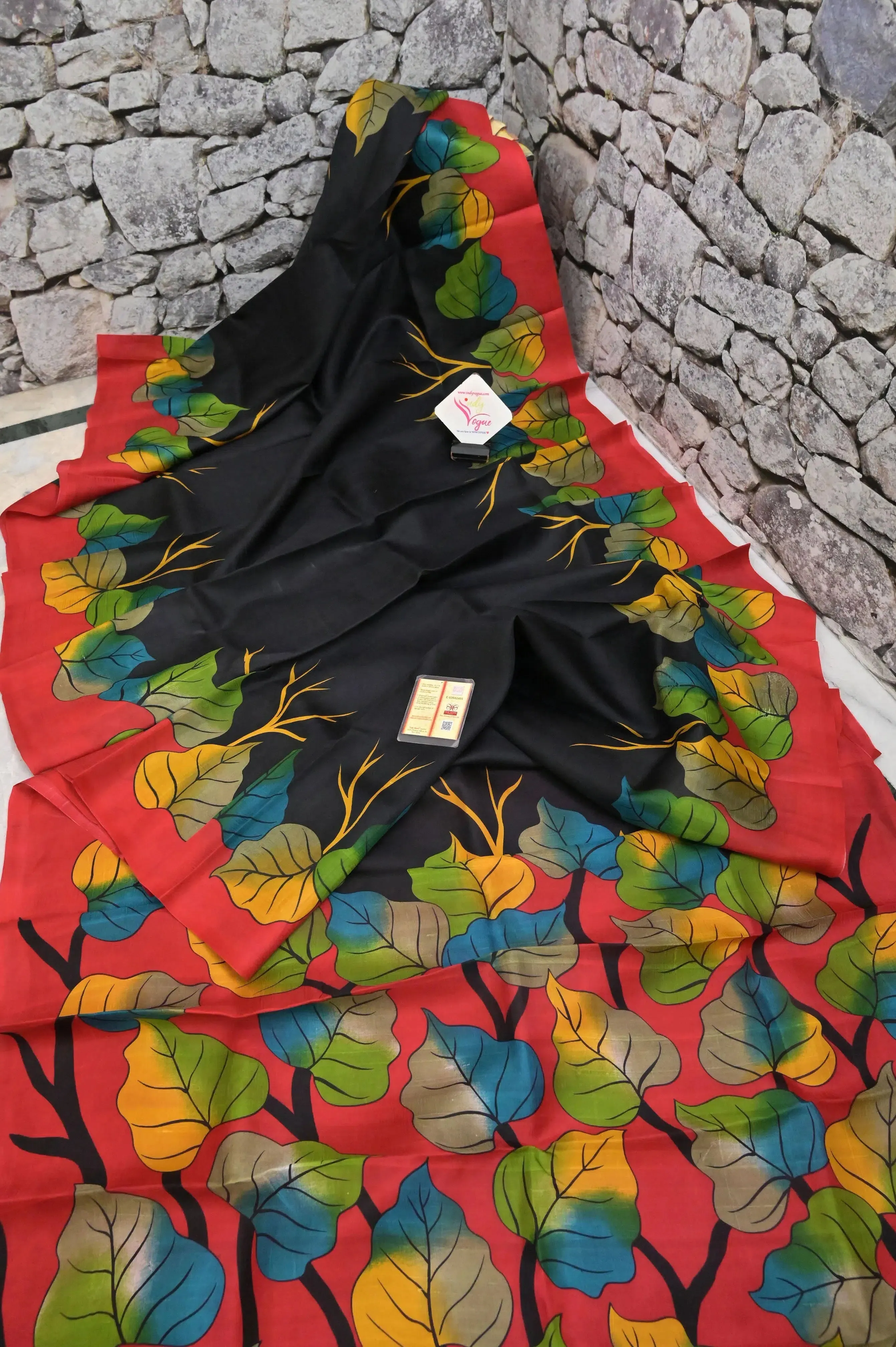 Black Color Pure Bishnupur Silk Saree with Block Print