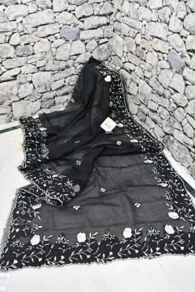 Black Color Resham Kota Saree with Embroidery Work