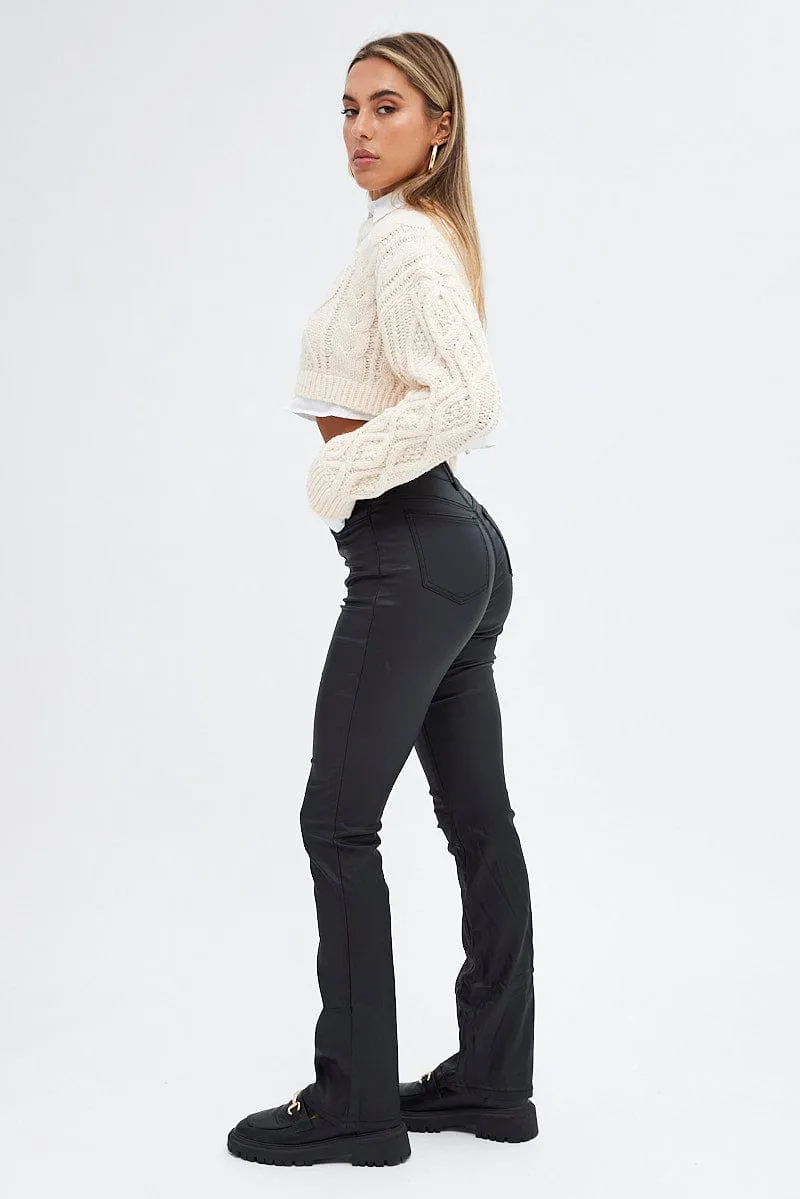 Black Flare Denim Jeans Coated High rise