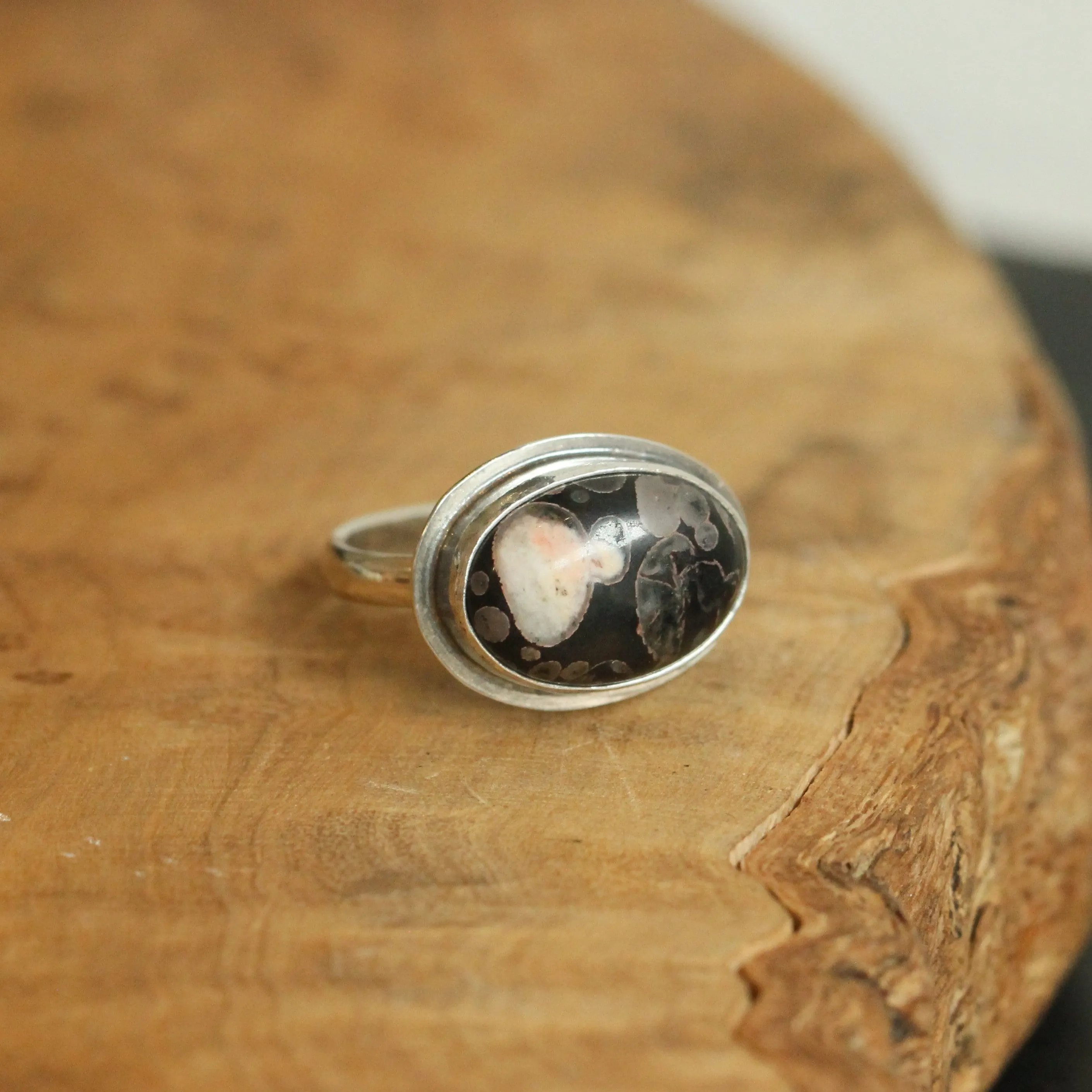 Black Fossil Ring - East West Fossil Ring -  Silversmith Ring - Boho Ring - Natural Fossil