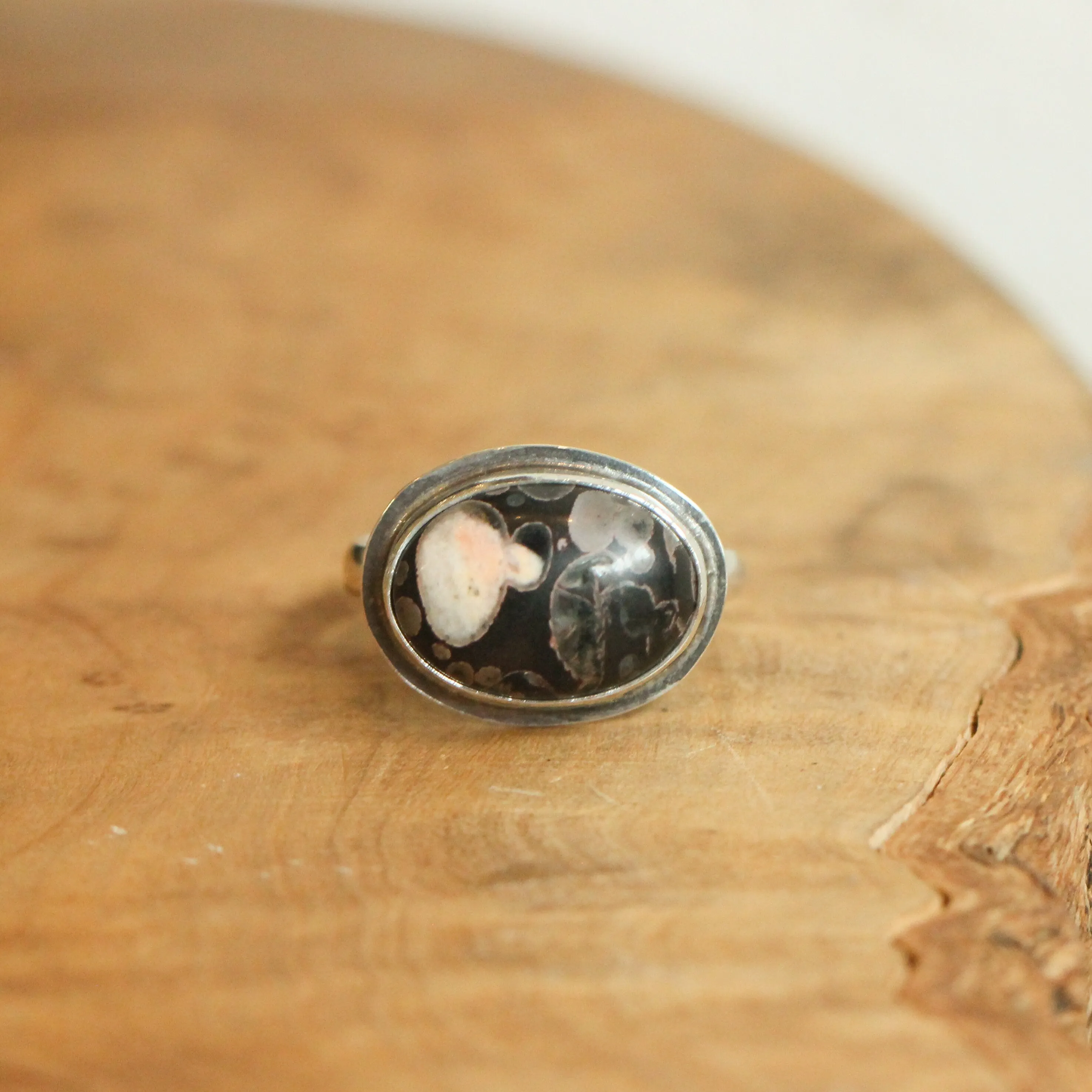 Black Fossil Ring - East West Fossil Ring -  Silversmith Ring - Boho Ring - Natural Fossil