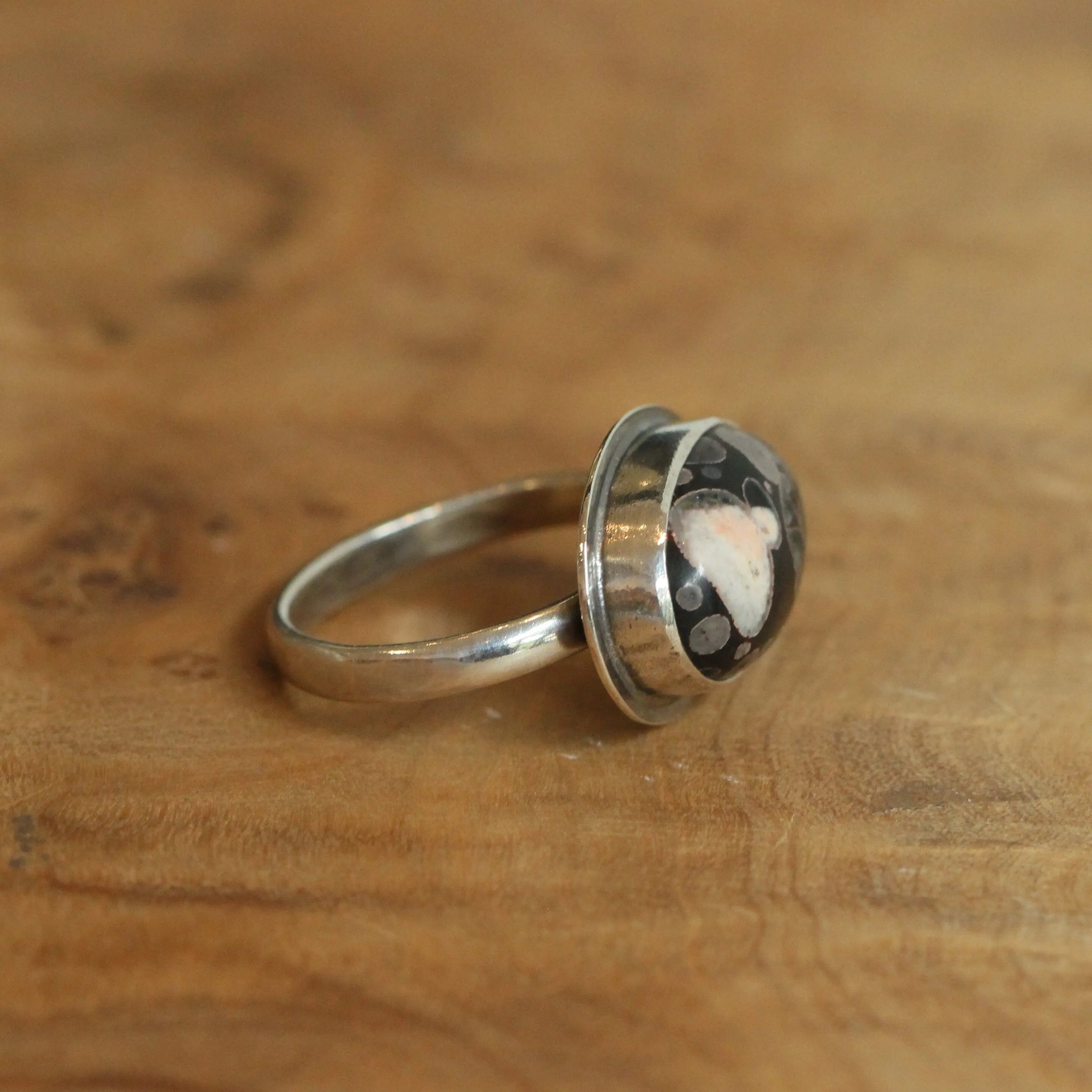 Black Fossil Ring - East West Fossil Ring -  Silversmith Ring - Boho Ring - Natural Fossil