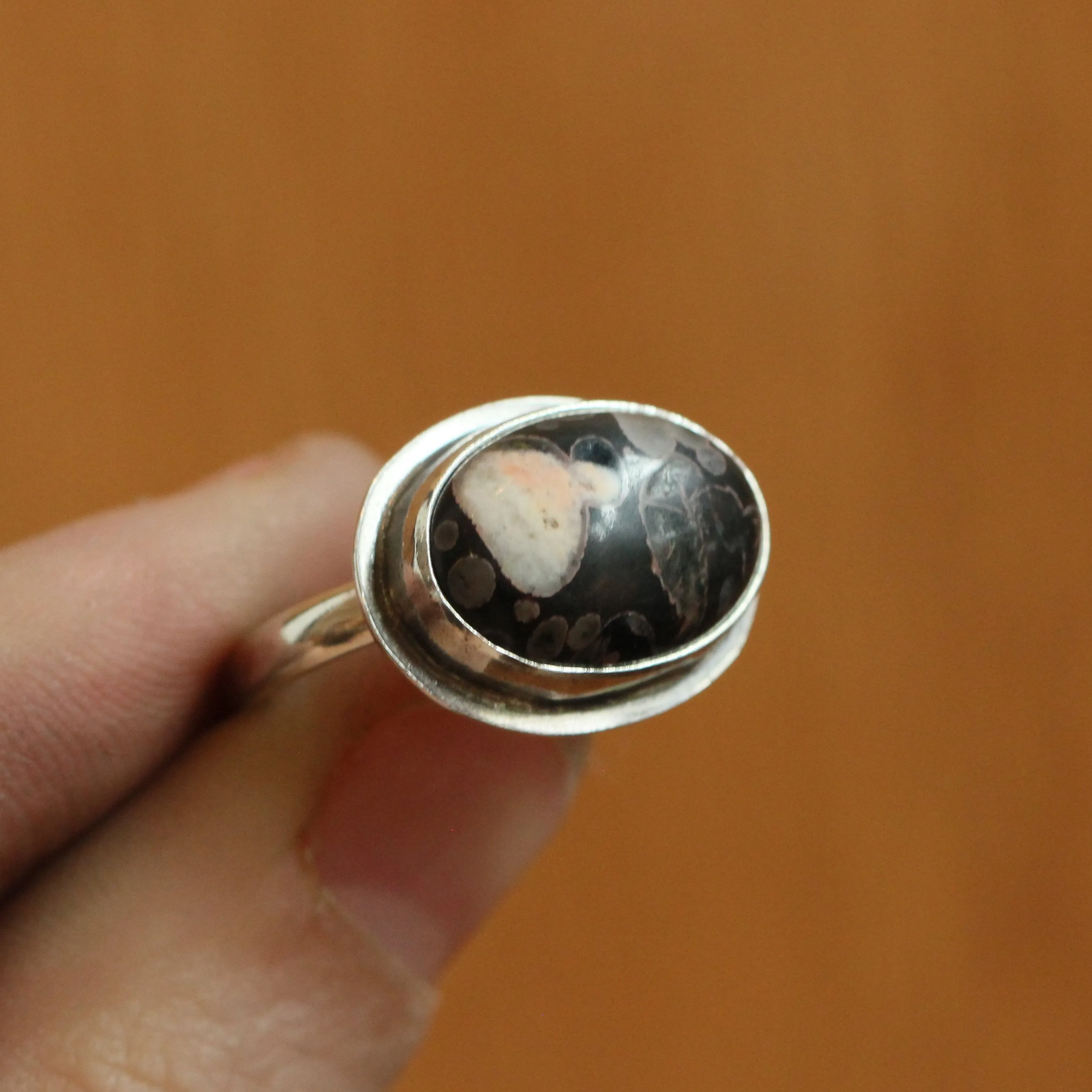 Black Fossil Ring - East West Fossil Ring -  Silversmith Ring - Boho Ring - Natural Fossil