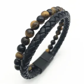 Black Genuine Leather, Matte Black Clasp, Nature Yellow Tiger Eyes Stone