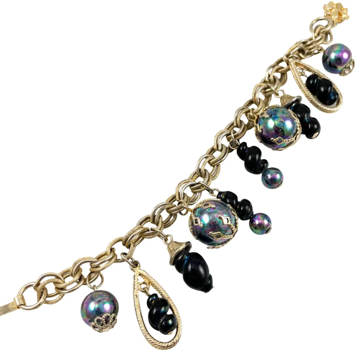 Black Glass & Gold Charm Bracelet Vintage