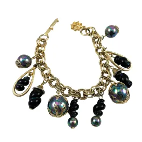 Black Glass & Gold Charm Bracelet Vintage