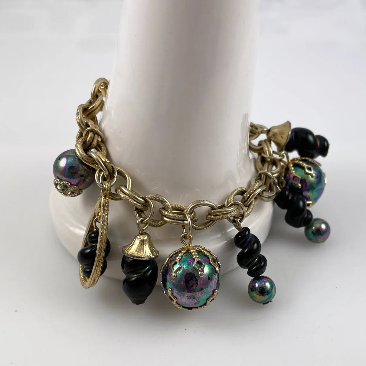 Black Glass & Gold Charm Bracelet Vintage