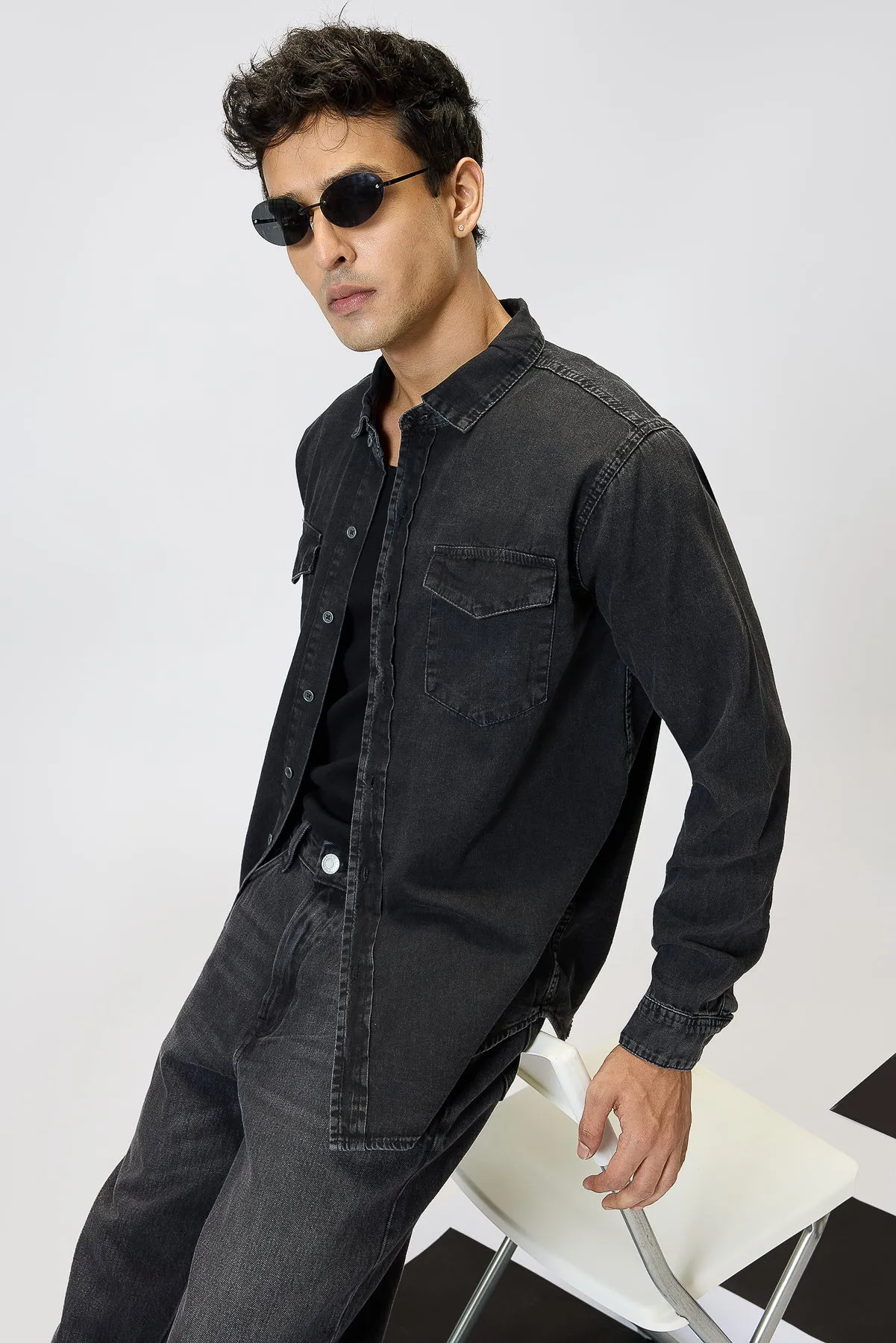 Black Gradated Denim Effect Shirt