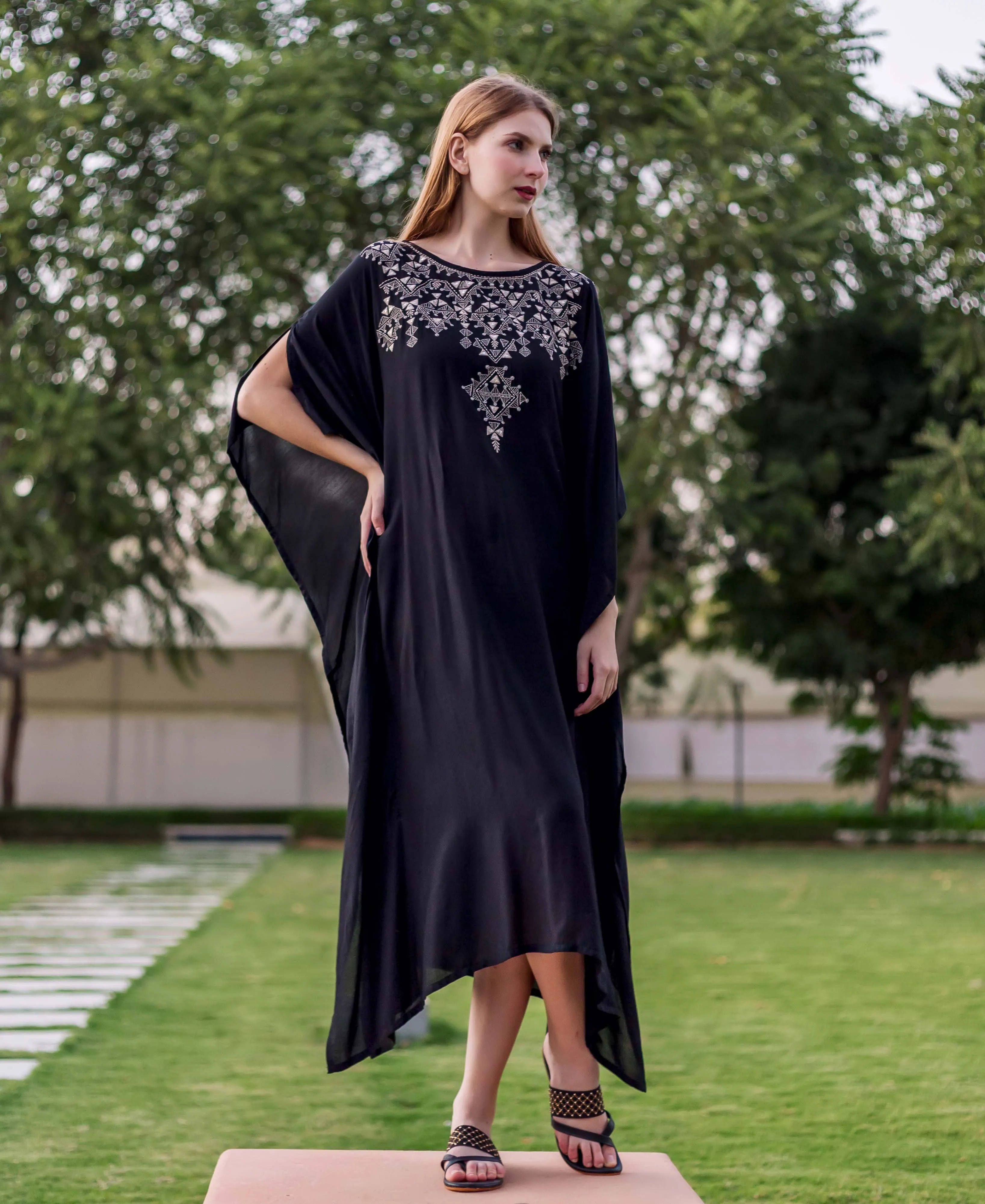 Black Muslin Embroidered Kaftan